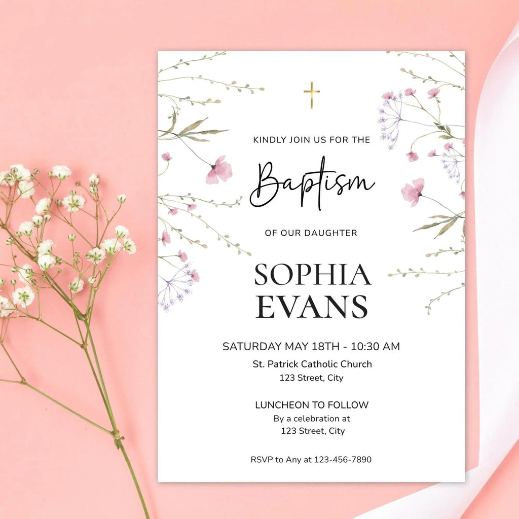 Girl Baptism Invitation Template | Corjl Printable Baptism Invite | Floral Christening Invitation | Religious Invitation card - Lovely Printable Party