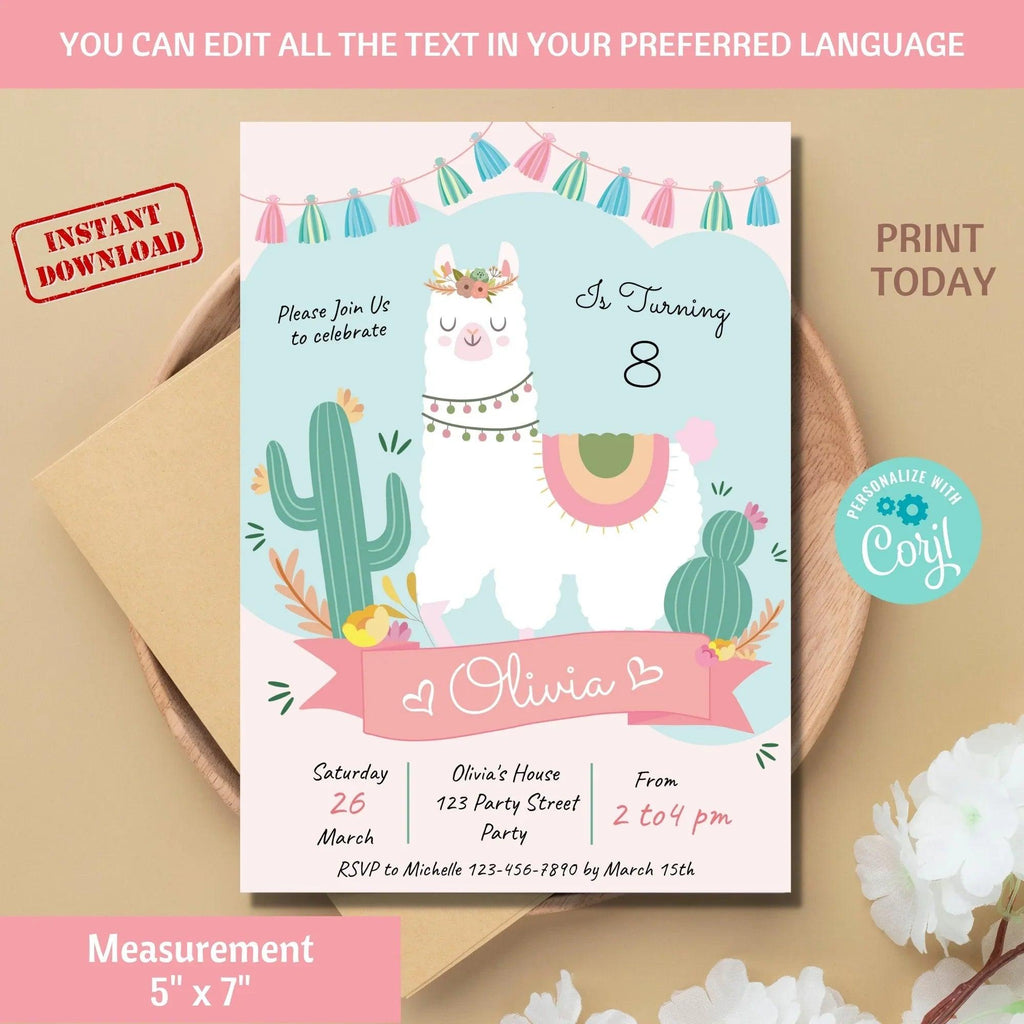 EDITABLE Pink Llama Birthday Invitation. Fiesta Llama Party Printable Template. Girly Alpaca Downloadable Invite. Instant Download BOHO - Lovely Printable Party