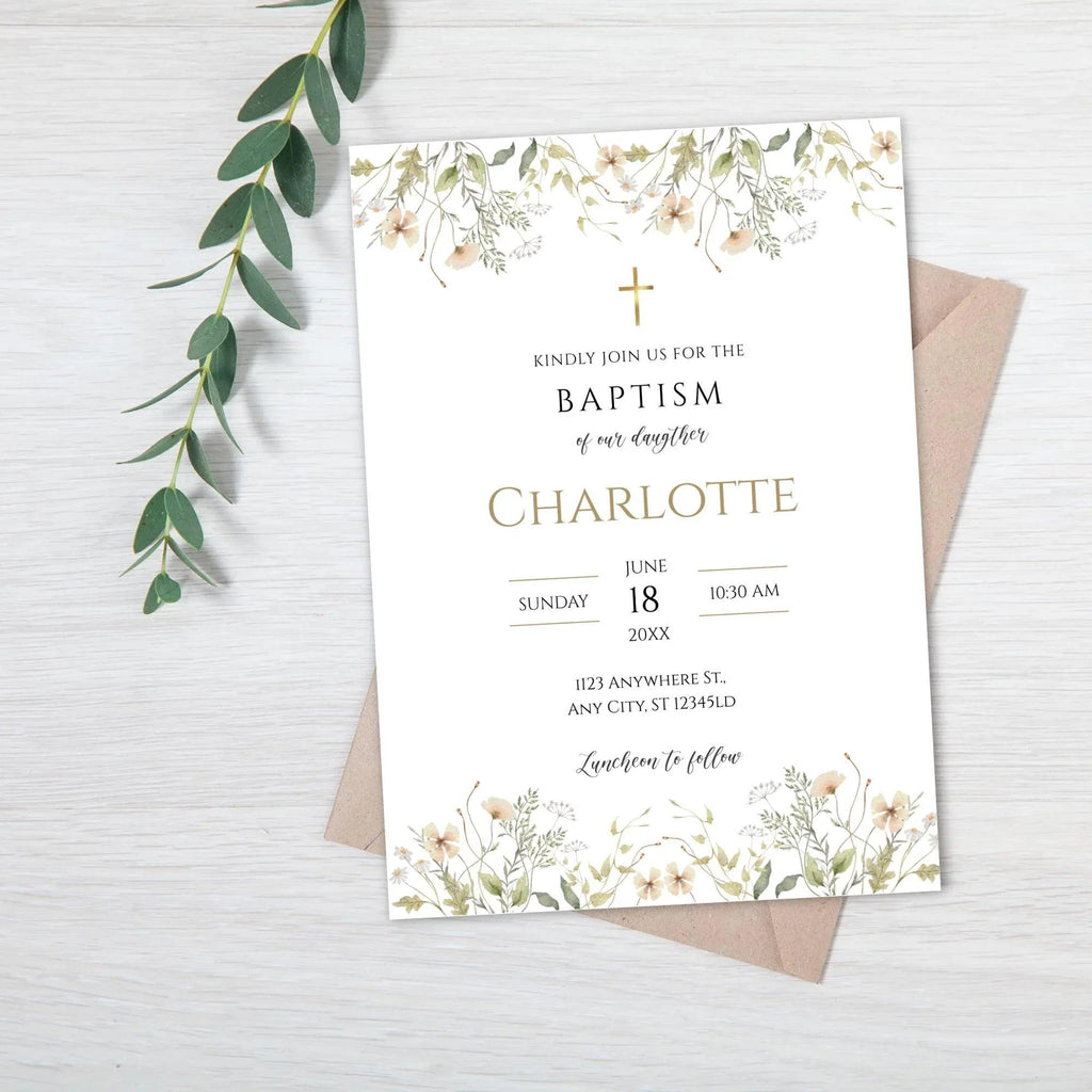 Baptism Invitation Girl | Wildflower Christening Template | Printable Baptism Card | Baby Girl Baptism Invite | Instant Download - Lovely Printable Party