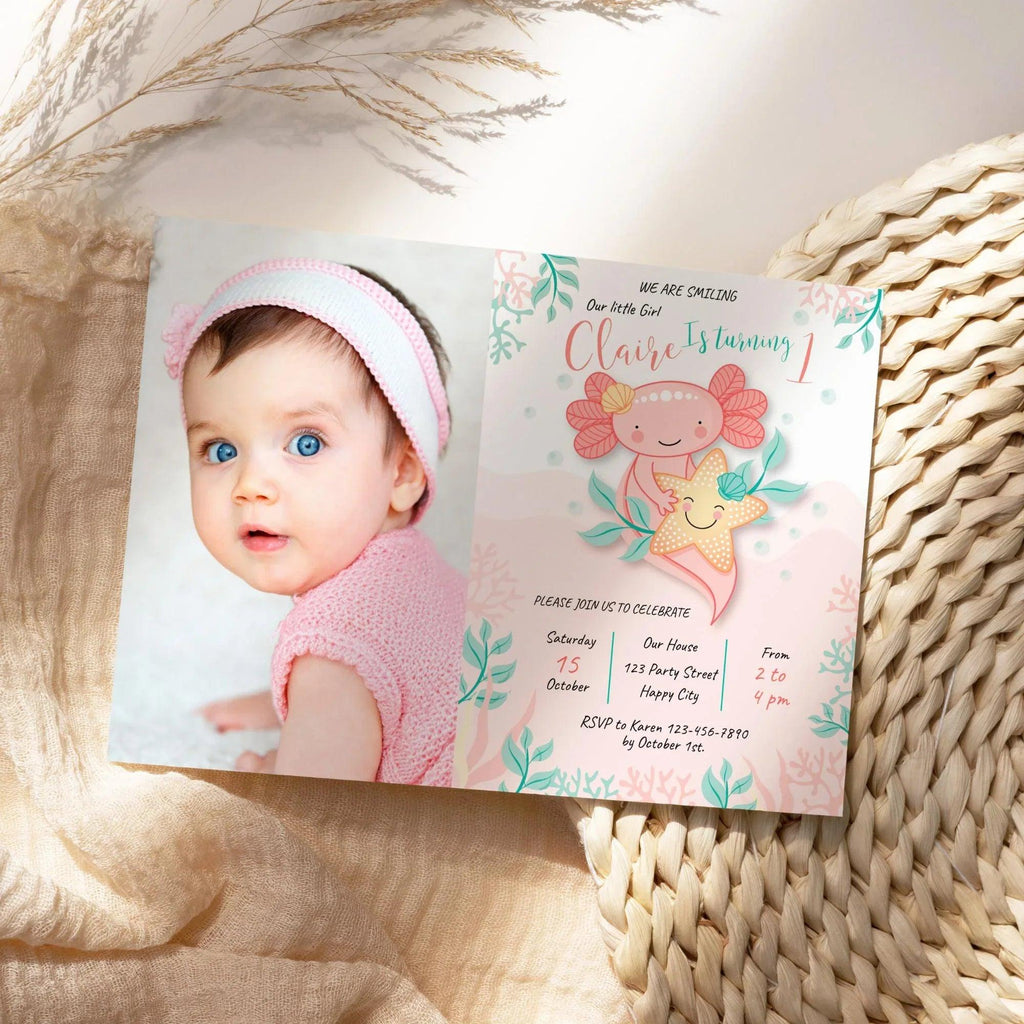 Axolotl Birthday Photo Invitation Instant Download Digital Template - Lovely Printable Party