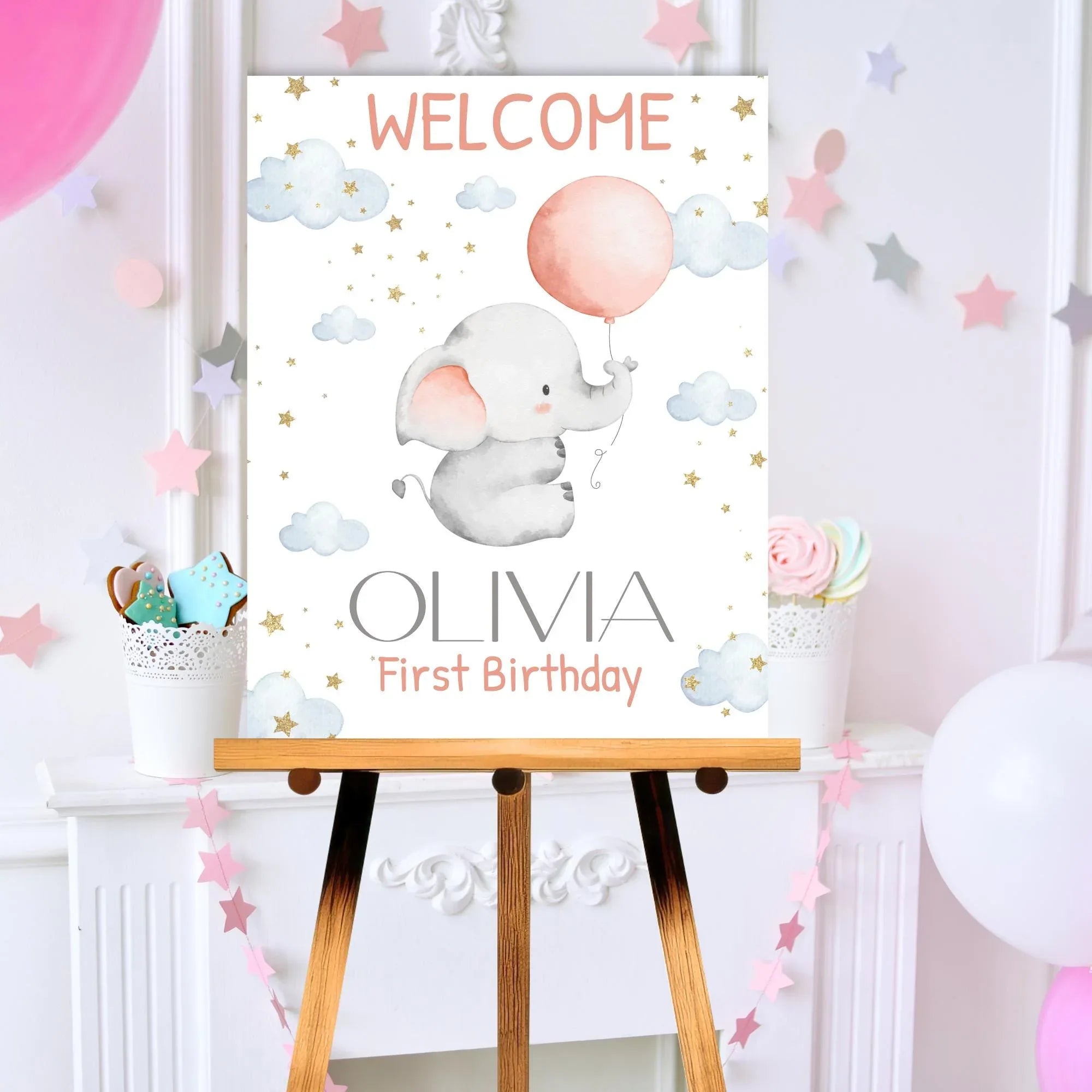 Baby Elephant Birthday Welcome Sign - Editable Corjl Template - Lovely Party