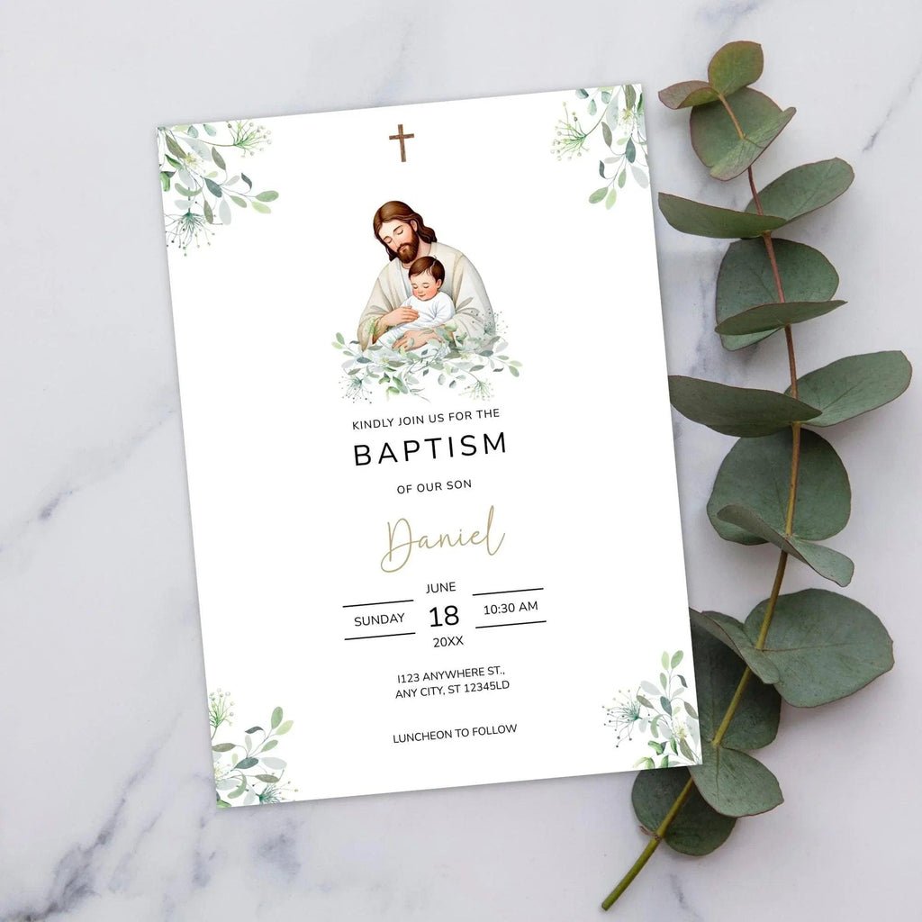 Catholic Baptism Invitation Boy | Editable Christening Invitation Template | Jesus and Baby Digital Invite | Printable Baptism Card for Son - Lovely Printable Party