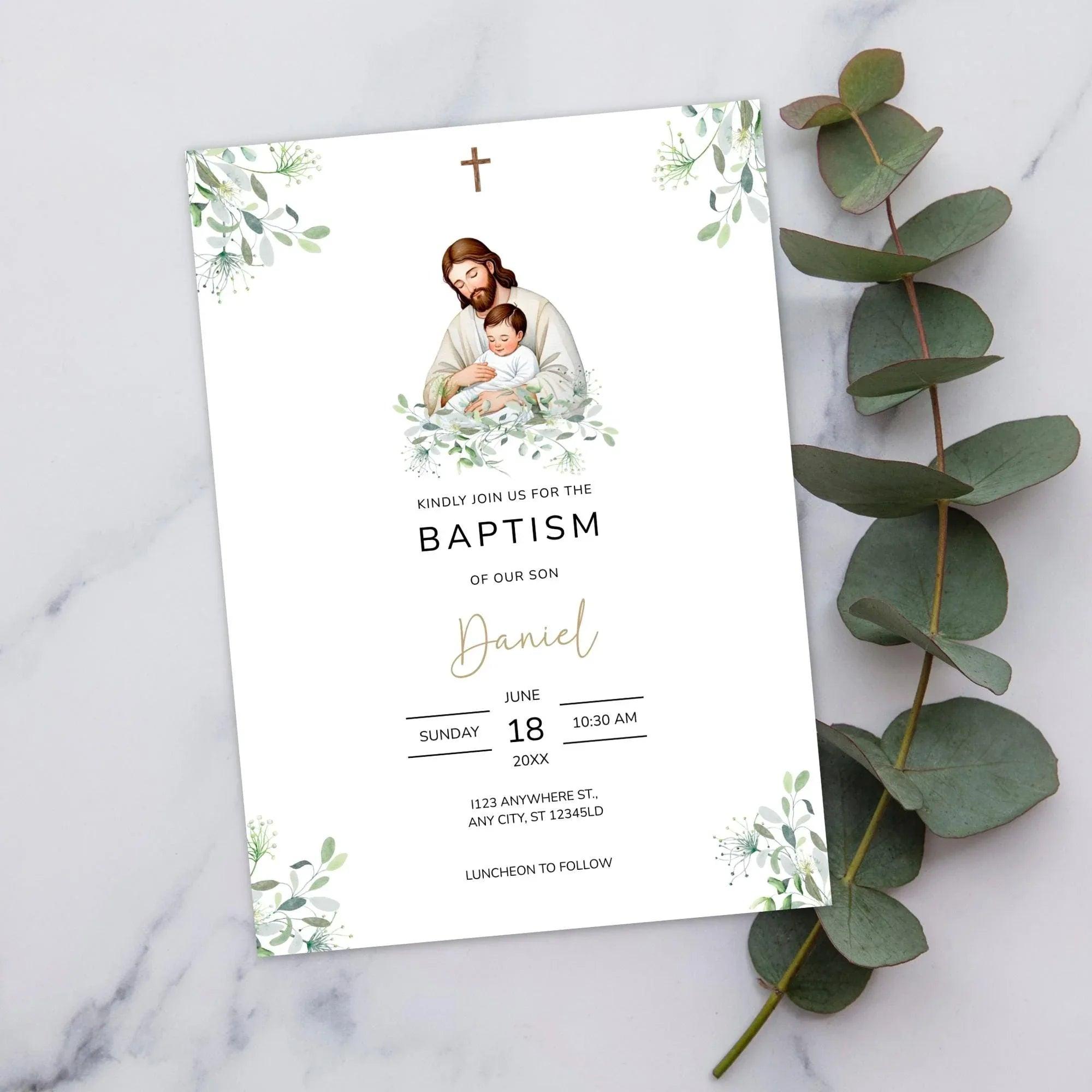 Catholic Baptism Invitation Boy | Editable Christening Invitation Template | Jesus and Baby Digital Invite | Printable Baptism Card for Son - Lovely Printable Party