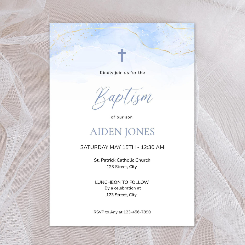 Blue Baptism Invitation Boy Editable Template – Digital Christening Card with Photo – Corjl Baby Boy Baptism Invite - Lovely Printable Party