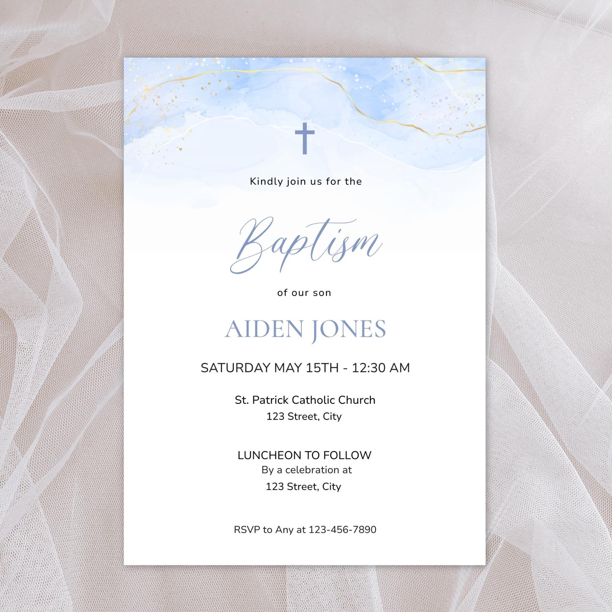 Blue Baptism Invitation Boy Editable Template – Digital Christening Card with Photo – Corjl Baby Boy Baptism Invite - Lovely Printable Party