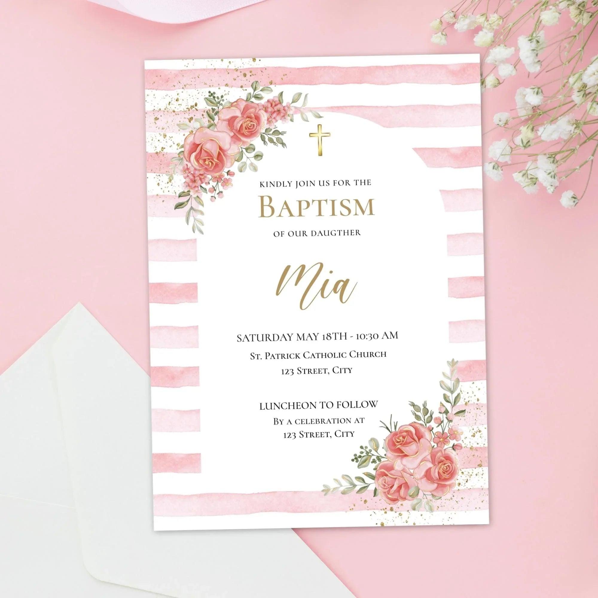 Editable Girl Baptism Invitation Pink Floral Template | Corjl Instant Download | Christening Invite Digital File - Lovely Printable Party