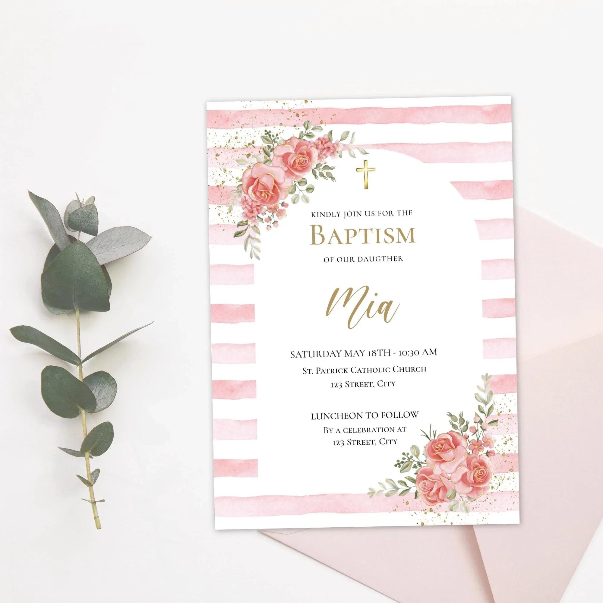 Editable Girl Baptism Invitation Pink Floral Template | Corjl Instant Download | Christening Invite Digital File - Lovely Printable Party