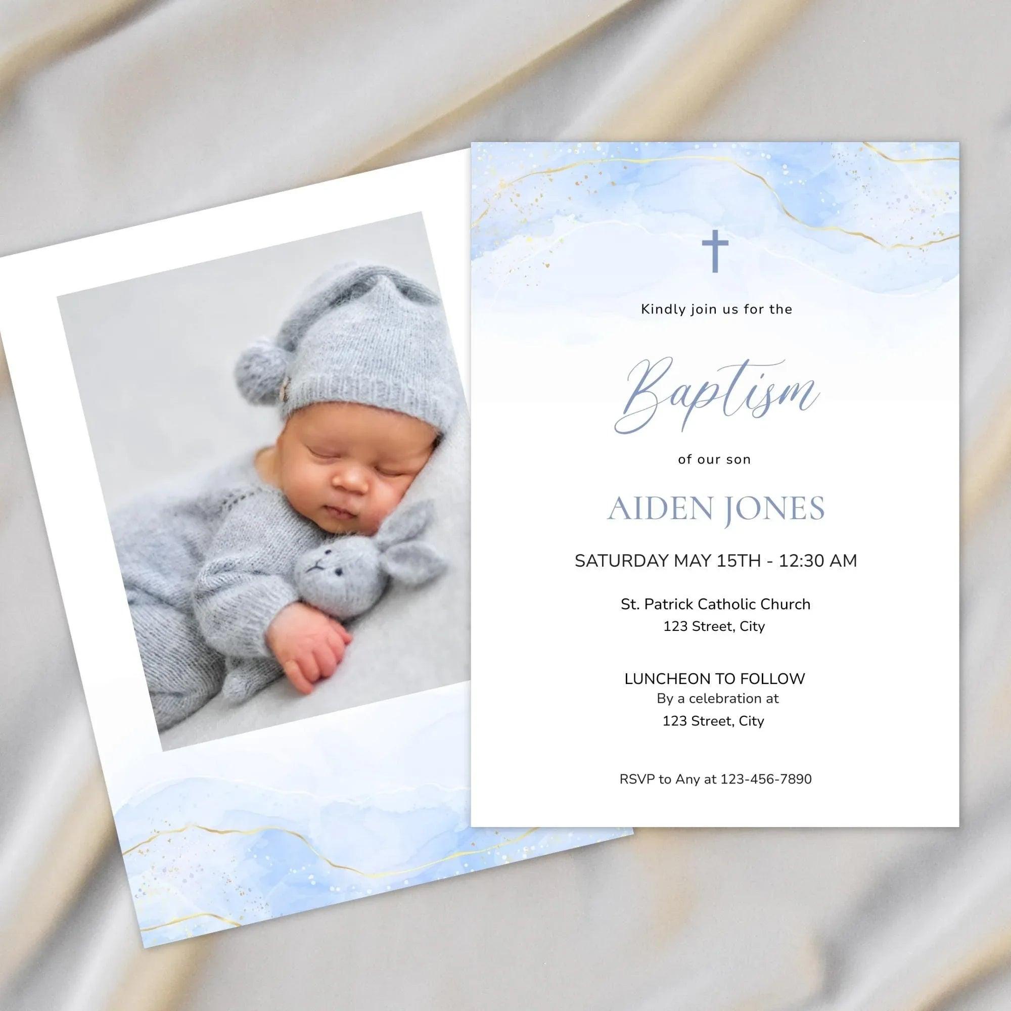Blue Baptism Invitation Boy Editable Template – Digital Christening Card with Photo – Corjl Baby Boy Baptism Invite - Lovely Printable Party