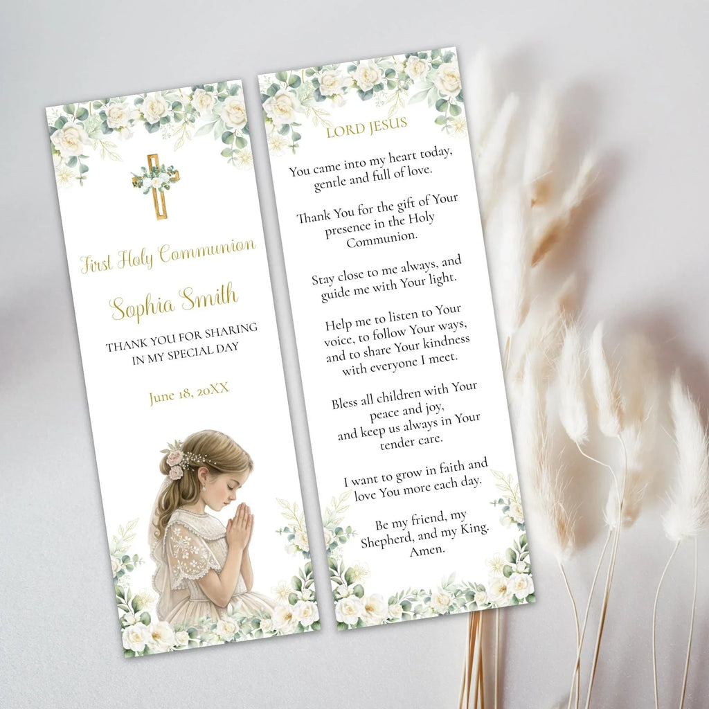 First communion Green and white flowers Bookmark - Lovely Party