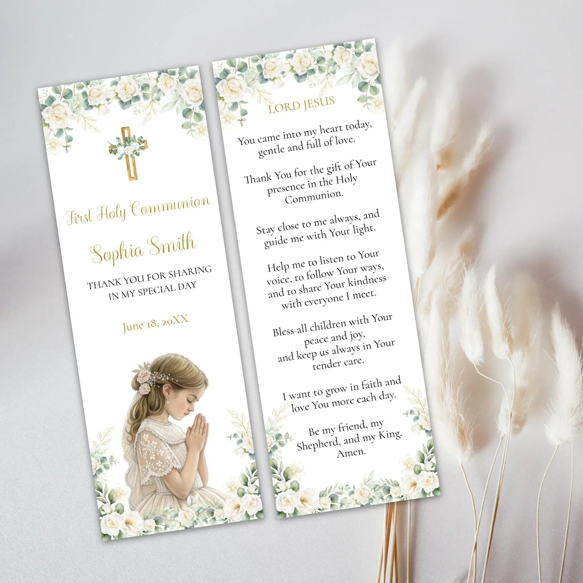 First communion Green and white flowers Bookmark - Lovely Party