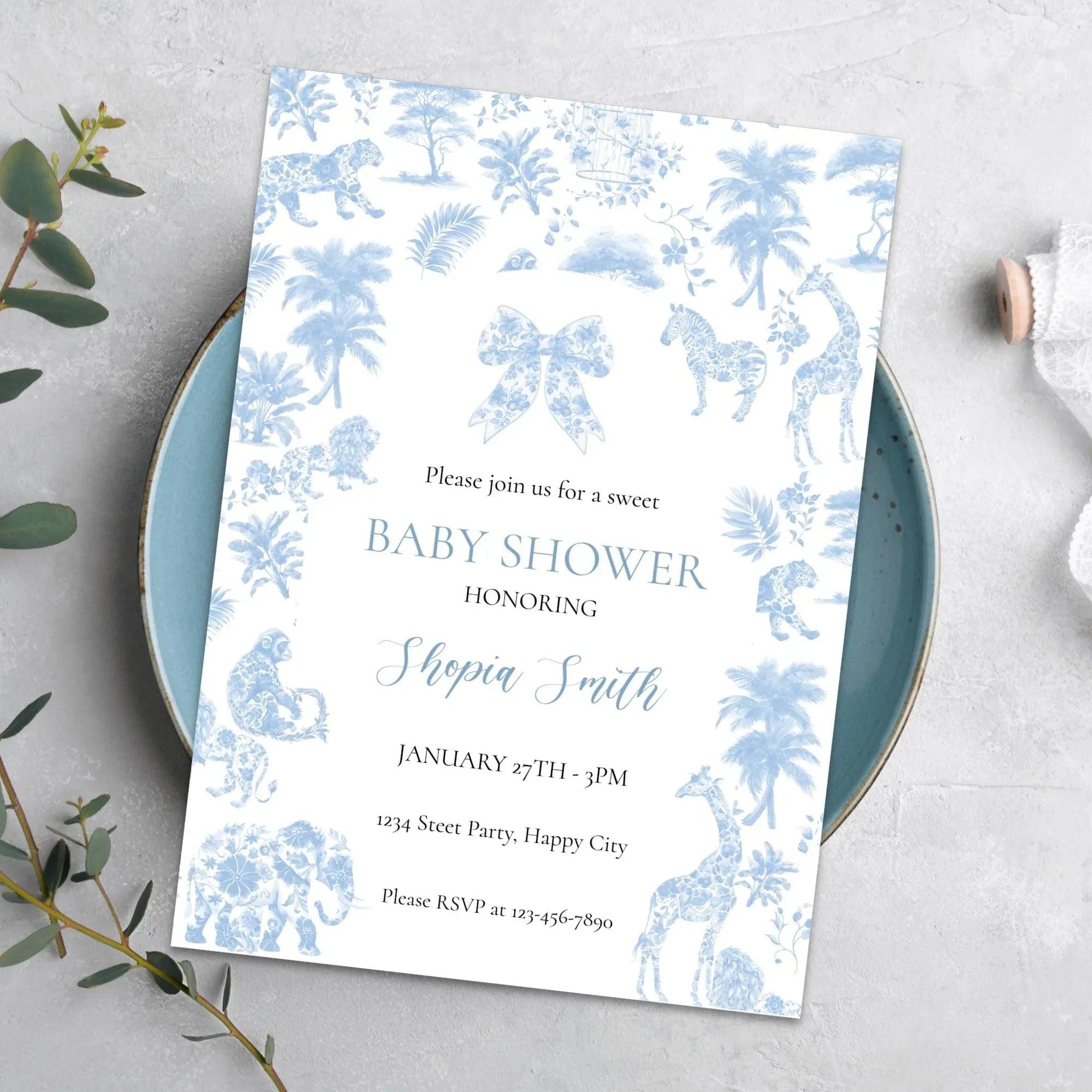 Safari Toile Baby Shower Invitation | Blue Jungle Editable Template | Corjl Digital Download for Boy Baby Shower - Lovely Printable Party