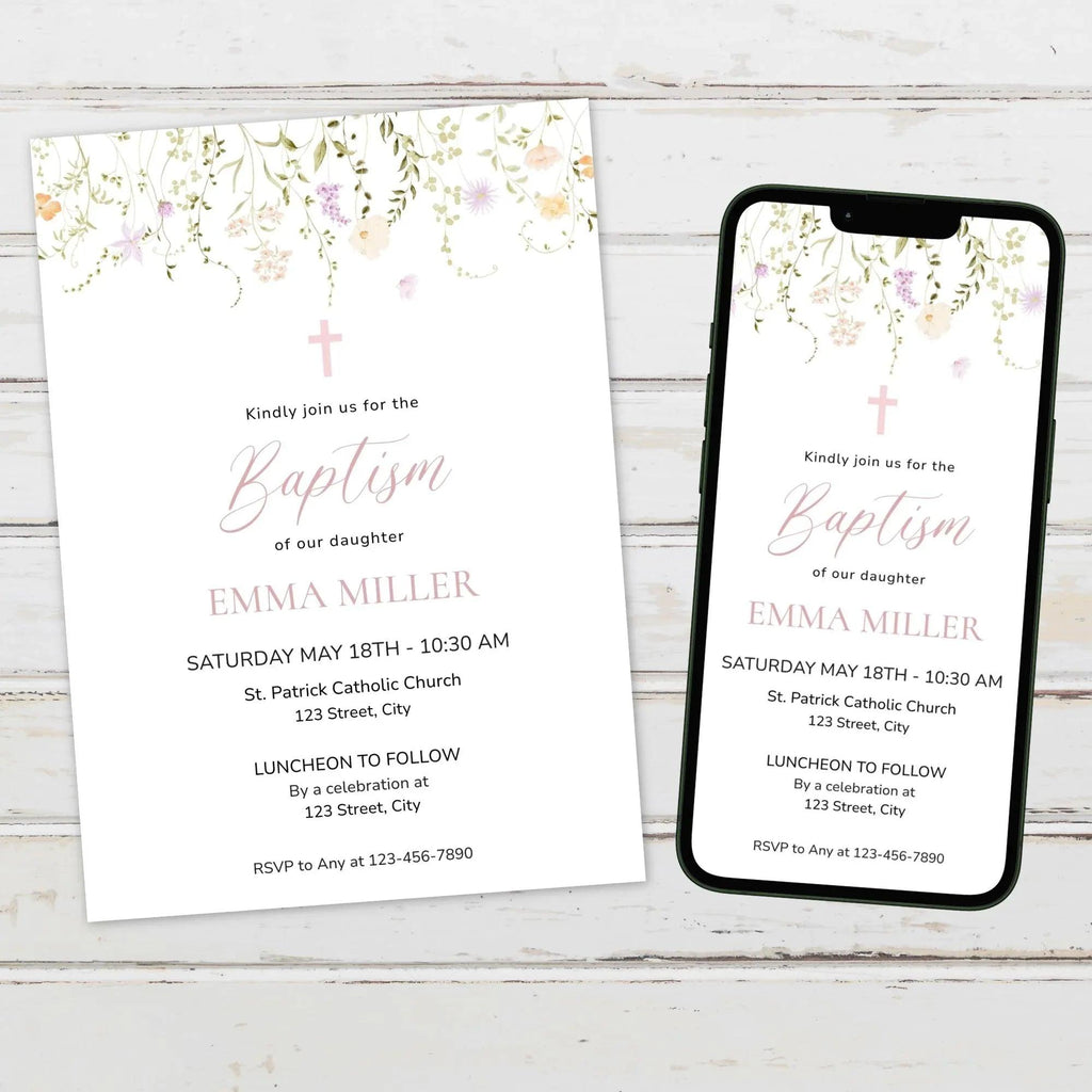 Girl Baptism Invitation with Photo – Corjl Template – Printable Floral Christening Invite – Digital Download - Lovely Printable Party