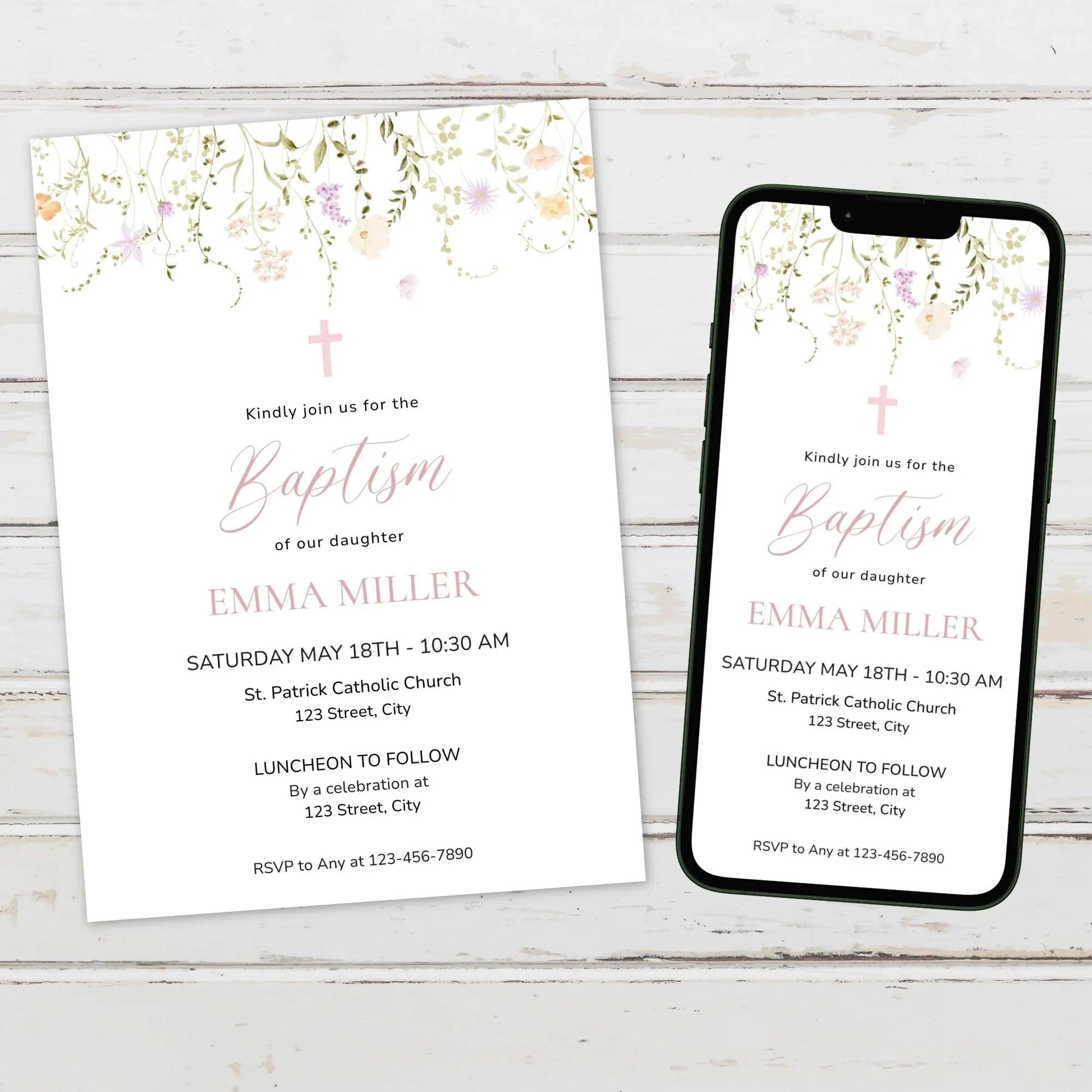 Girl Baptism Invitation with Photo – Corjl Template – Printable Floral Christening Invite – Digital Download - Lovely Printable Party