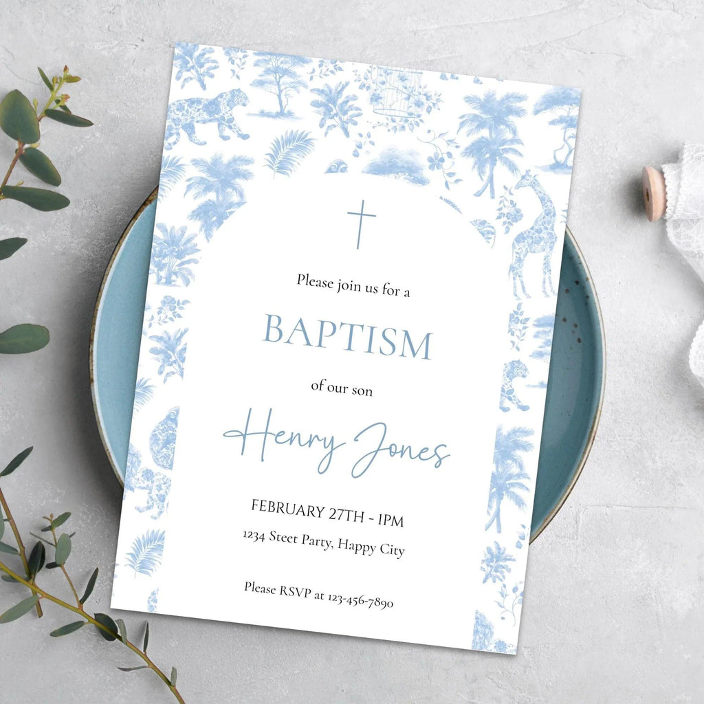 Boy Baptism Invitation Safari Toile | Blue Jungle Editable Corjl Template | Digital Christening Invite - Lovely Printable Party