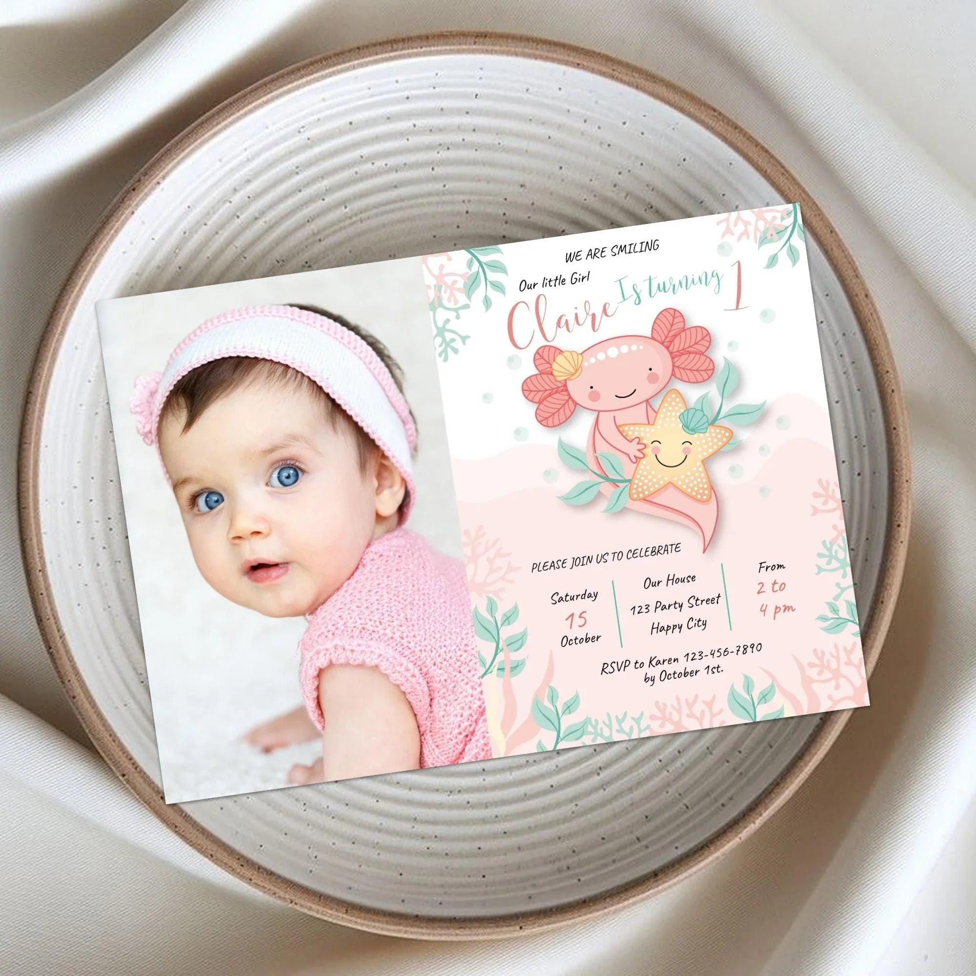Axolotl Birthday Photo Invitation Instant Download Digital Template - Lovely Printable Party