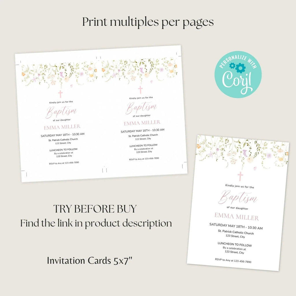 Girl Baptism Invitation with Photo – Corjl Template – Printable Floral Christening Invite – Digital Download - Lovely Printable Party