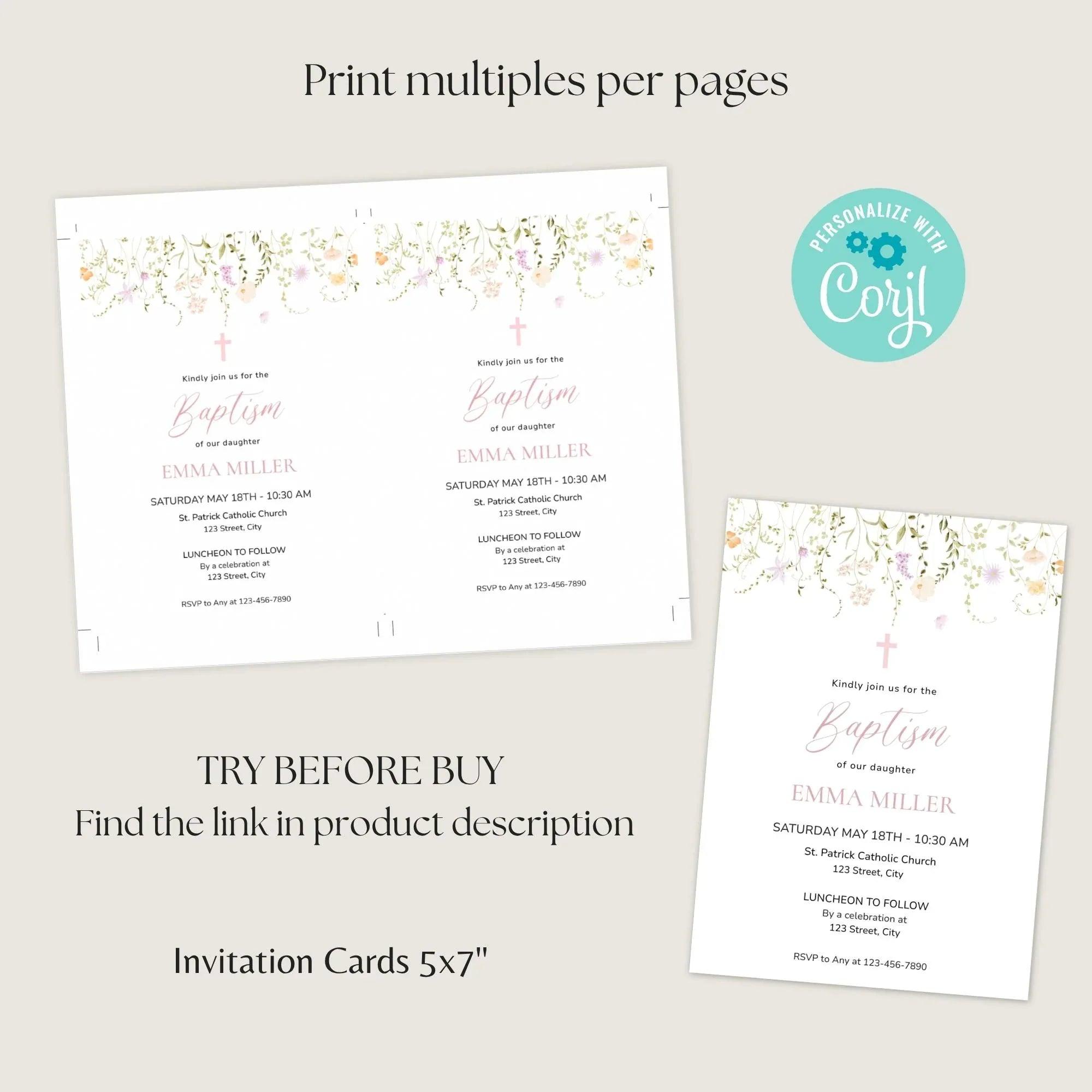 Girl Baptism Invitation with Photo – Corjl Template – Printable Floral Christening Invite – Digital Download - Lovely Printable Party