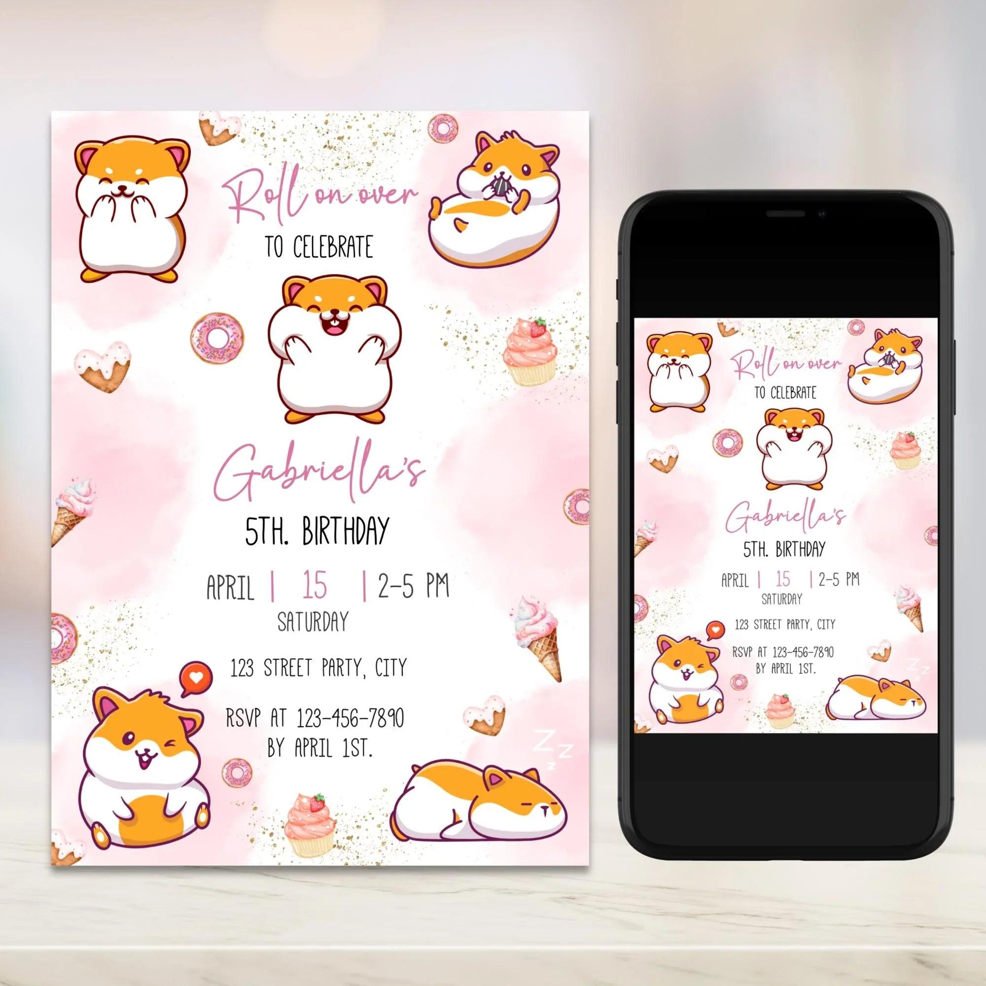 Hamster Birthday Invitation, Digital White Pink Birthday Party, Minimal, Modern, Hamster Invite, Hampster, cute, Mouse, Hamster Invite - Lovely Printable Party