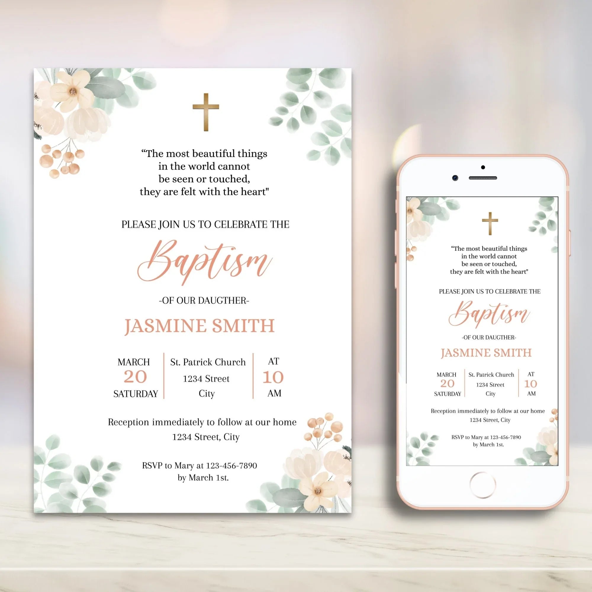 Salmon Flowers Baptism Invitation - Lovely Party