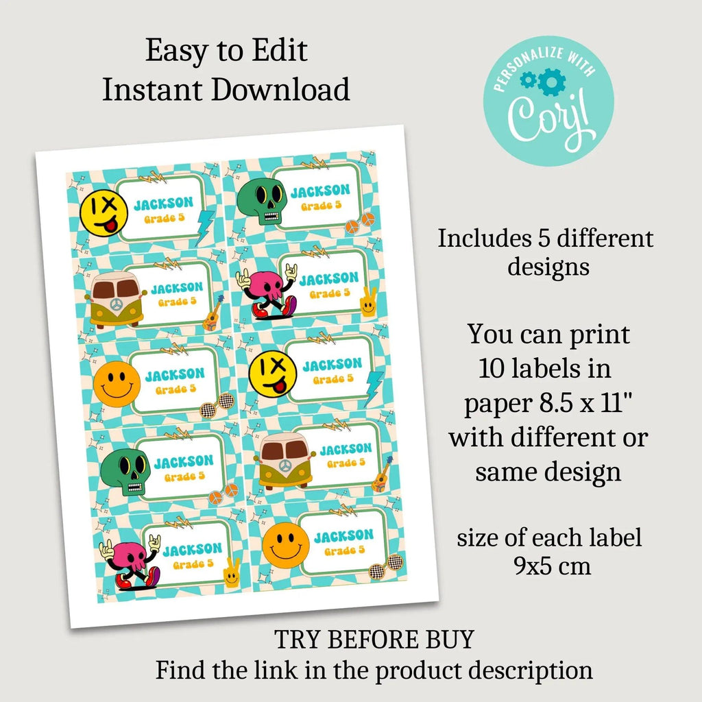Funky retro School labels, Classroom Printables, Name labels for kids, Classroom Labels, School supply labels, Editable Labels - Lovely Printable Party