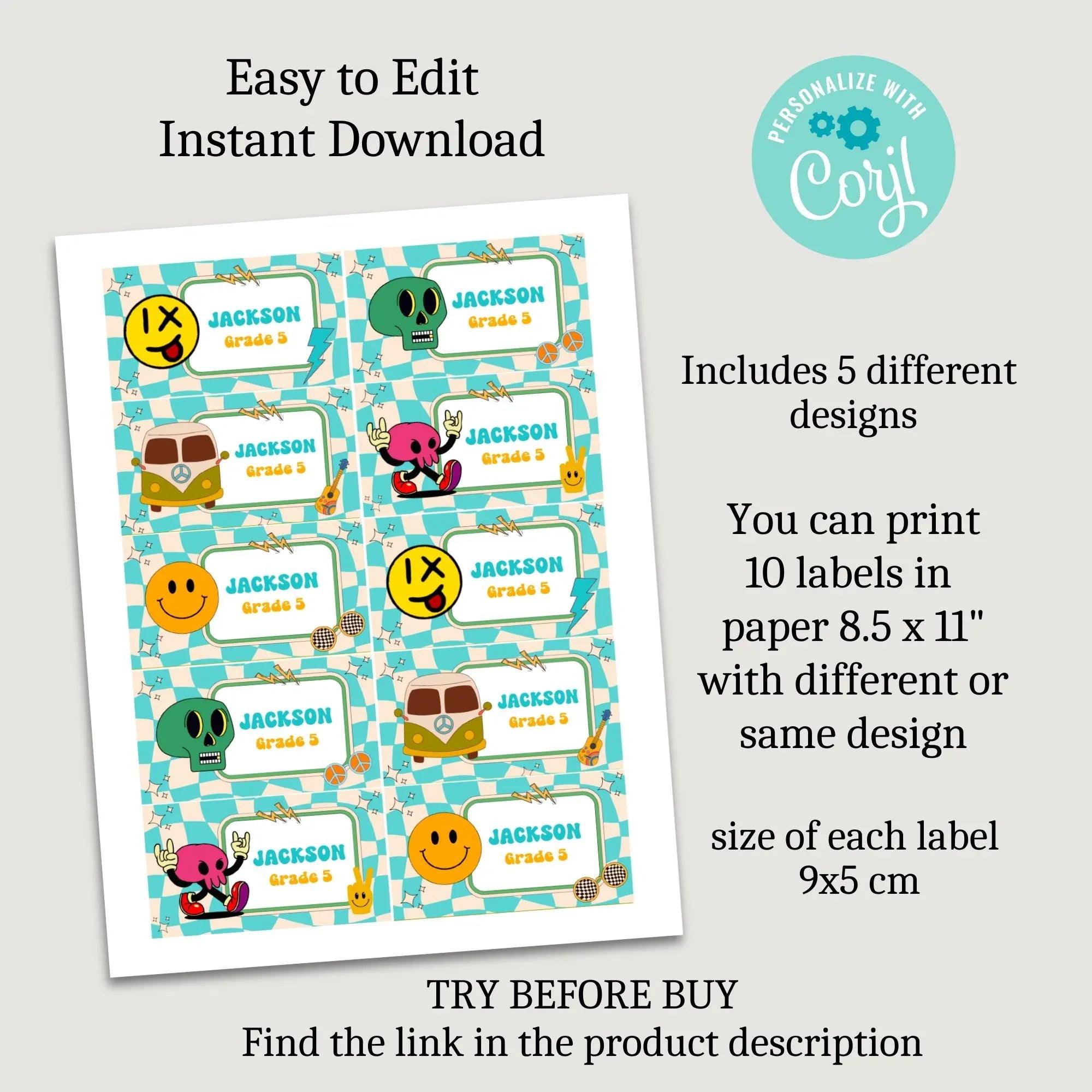Funky retro School labels, Classroom Printables, Name labels for kids, Classroom Labels, School supply labels, Editable Labels - Lovely Printable Party