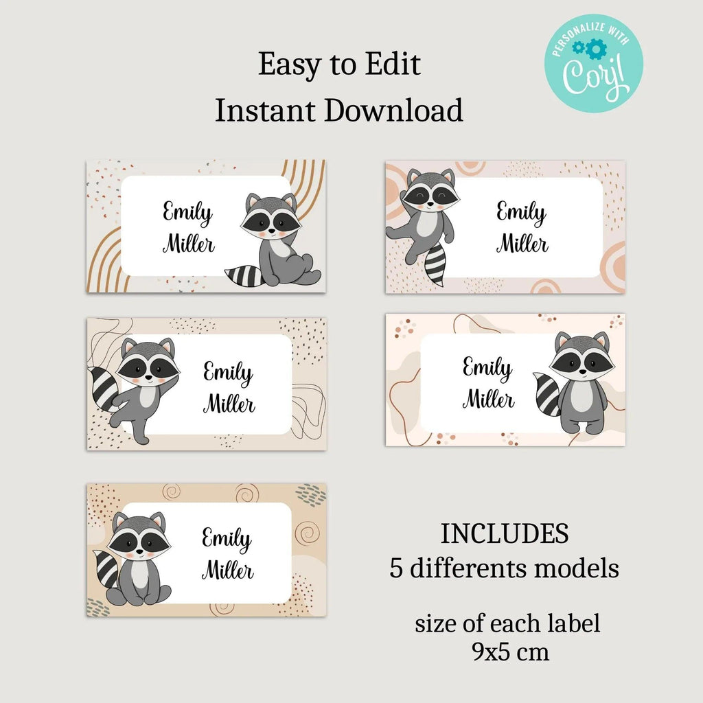 Raccoon Sticker, Kids name labels, School name labels, Classroom Labels, School supply labels, Custom text sticker - Lovely Printable Party