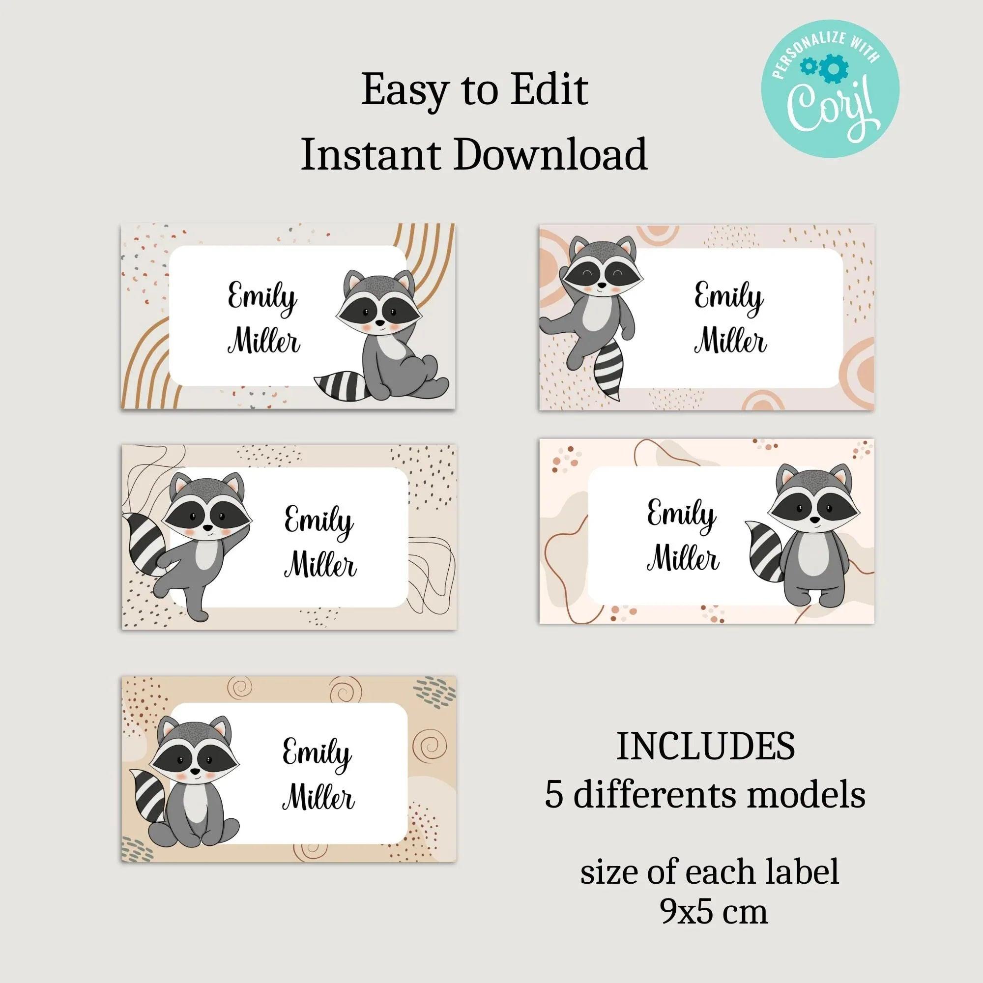 Raccoon Sticker, Kids name labels, School name labels, Classroom Labels, School supply labels, Custom text sticker - Lovely Printable Party
