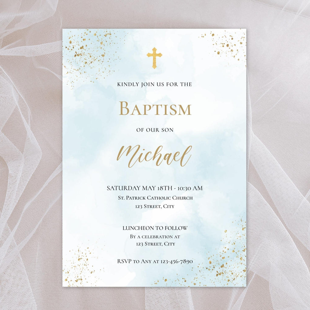 Catholic Baptism Invitation Boy | Editable Christening Invitation Template | Baby Baptism Digital Invite | Printable Baptism Card for Son - Lovely Printable Party