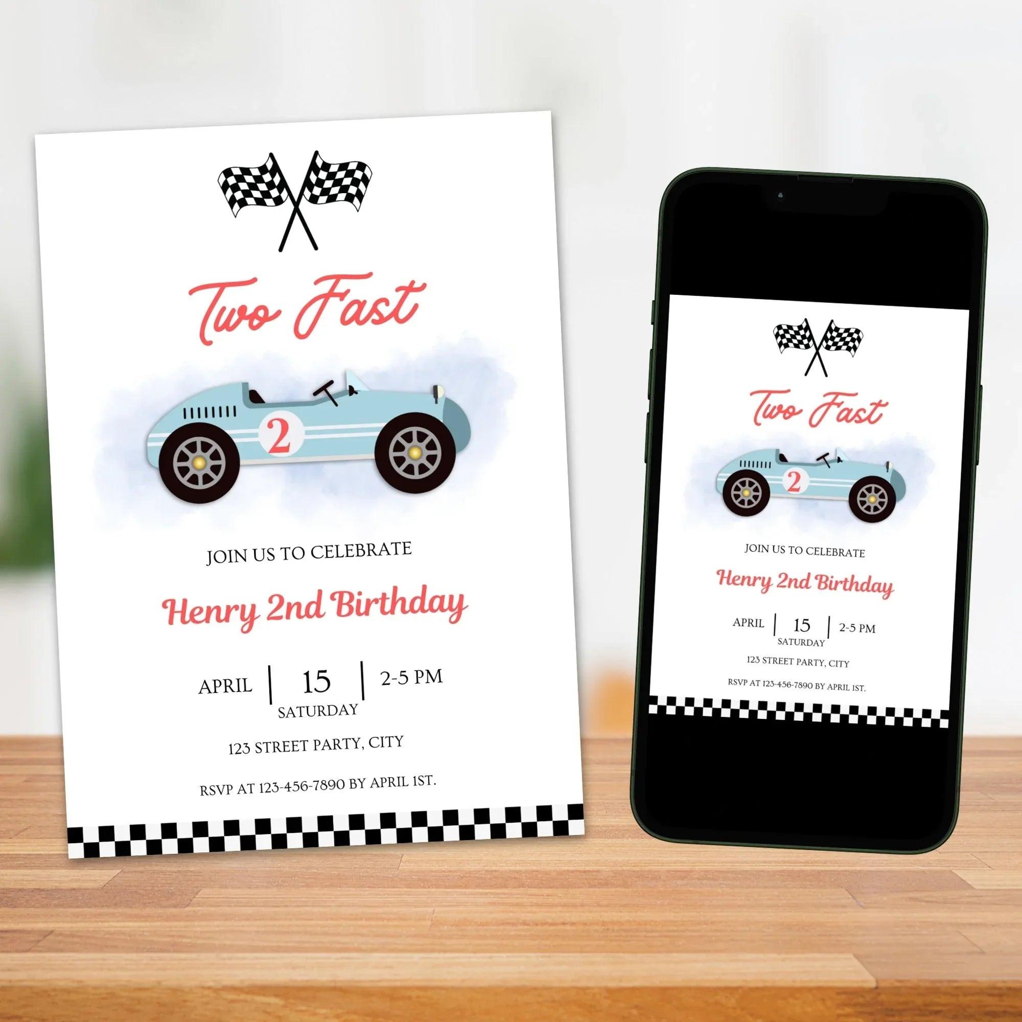 Editable Vintage Race 2nd Birthday Invitation – Retro Car Theme – Canva Template – Instant Download - Lovely Printable Party