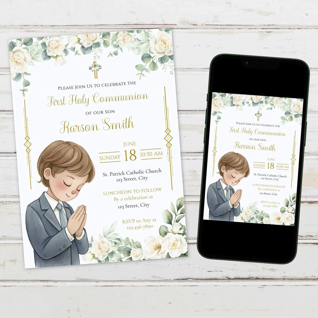 First Communion Invitation Flowers white and green - Lovely Printable Party