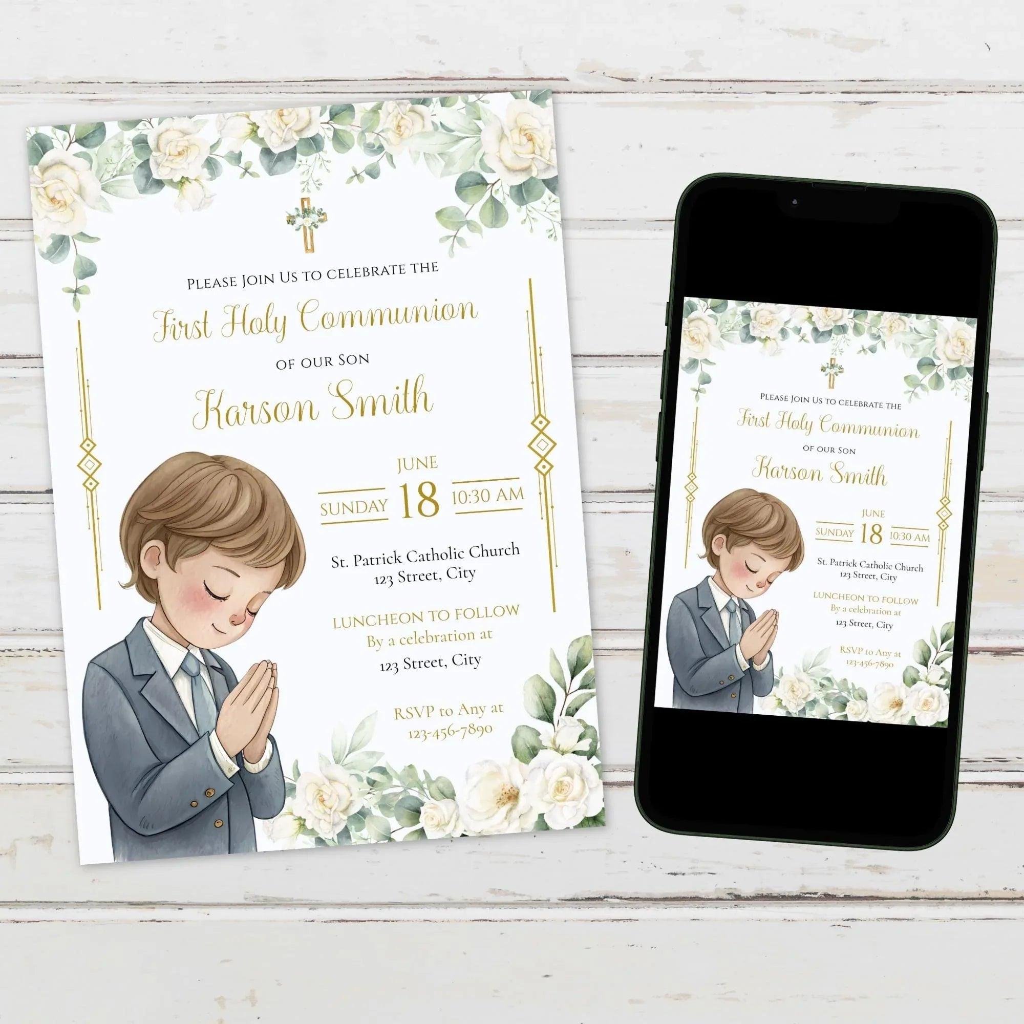First Communion Invitation Flowers white and green - Lovely Printable Party