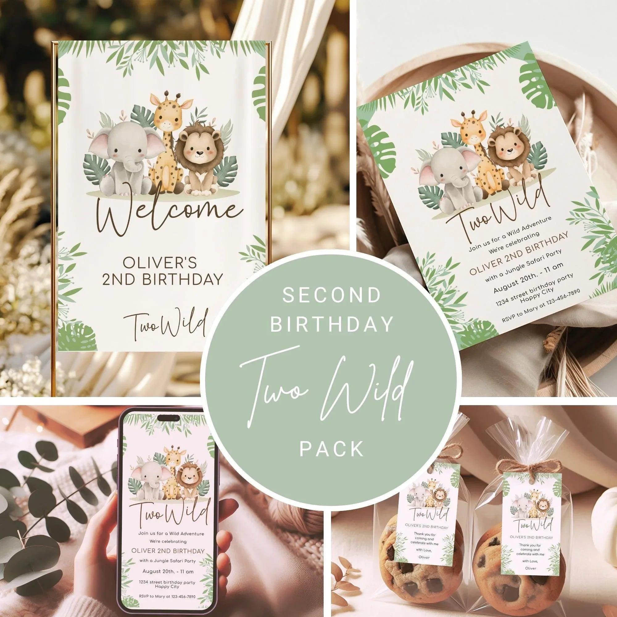 Two wild Birthday Invitation Bundle Editable | Safari Jungle Party Set Corjl | Welcome Sign + Favor Tag + Phone Invite | Digital Printable - Lovely Printable Party