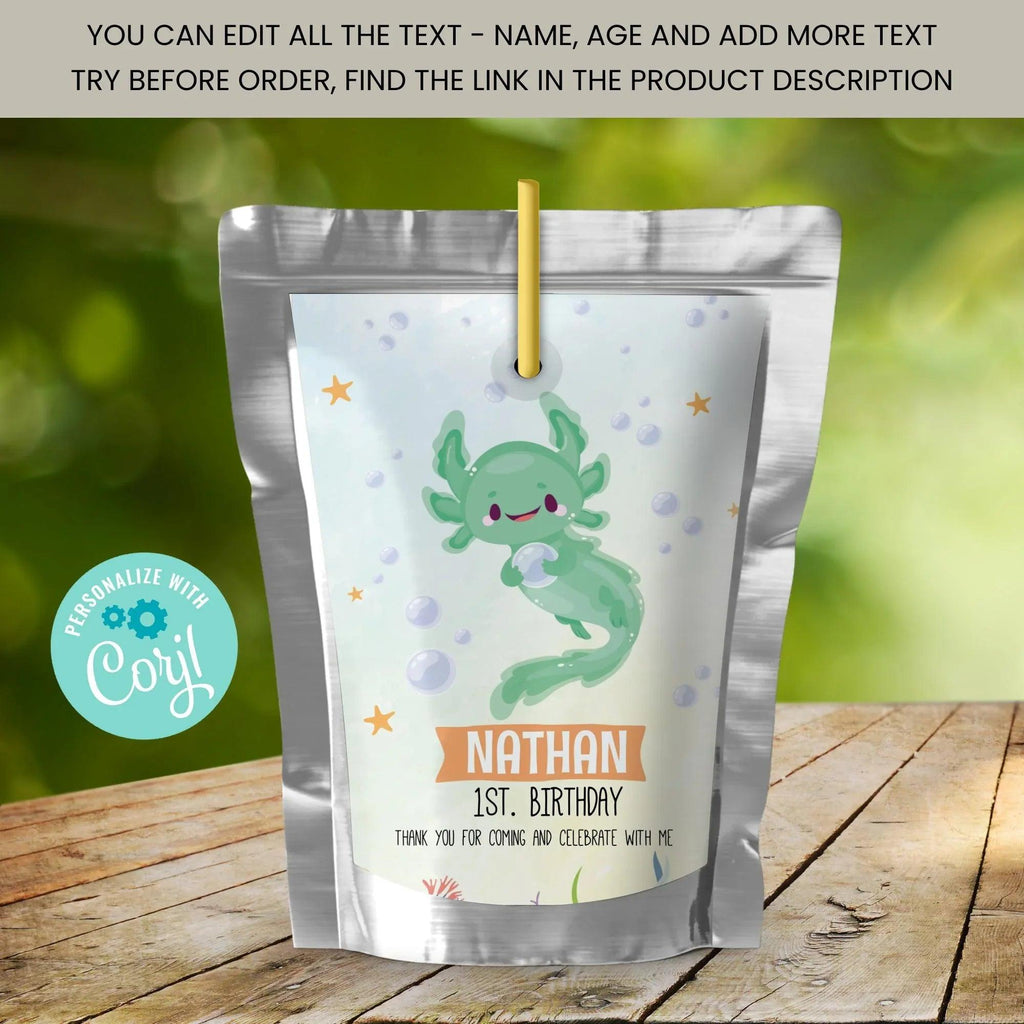 Axolotl Birthday Juice Pouch Labels | Editable Instant Download Corjl - Lovely Printable Party