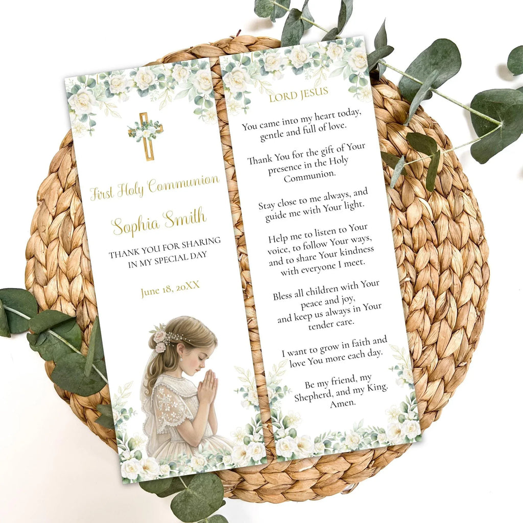 First communion Green and white flowers Bookmark - Lovely Party