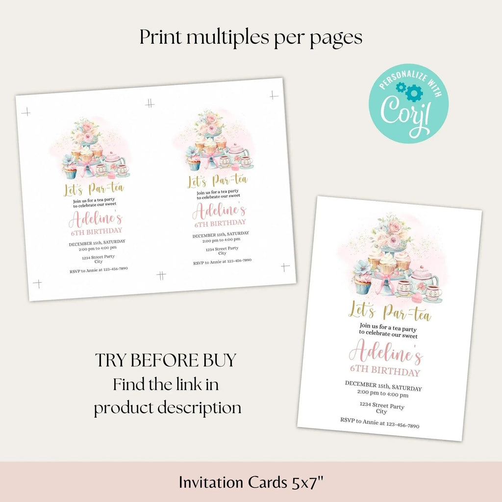 Tea Party invitation and tag, Tea Party Birthday Invitation, Tea Party Favor Tags for Birthday, Baby Shower, or Bridal Shower - Lovely Printable Party