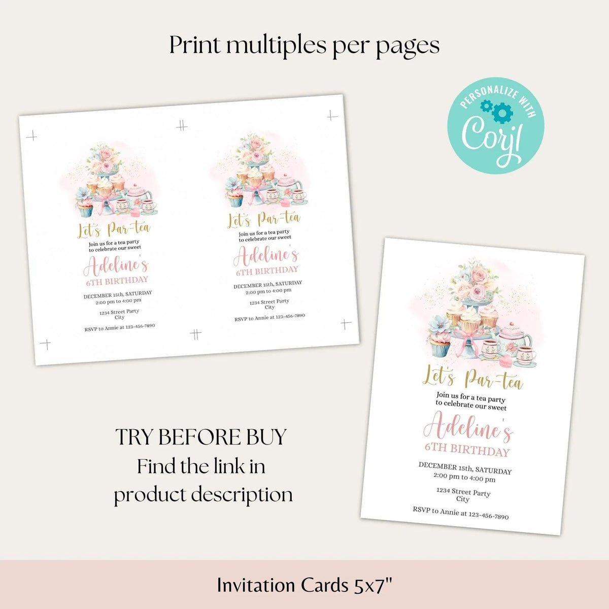 Tea Party invitation and tag, Tea Party Birthday Invitation, Tea Party Favor Tags for Birthday, Baby Shower, or Bridal Shower - Lovely Printable Party