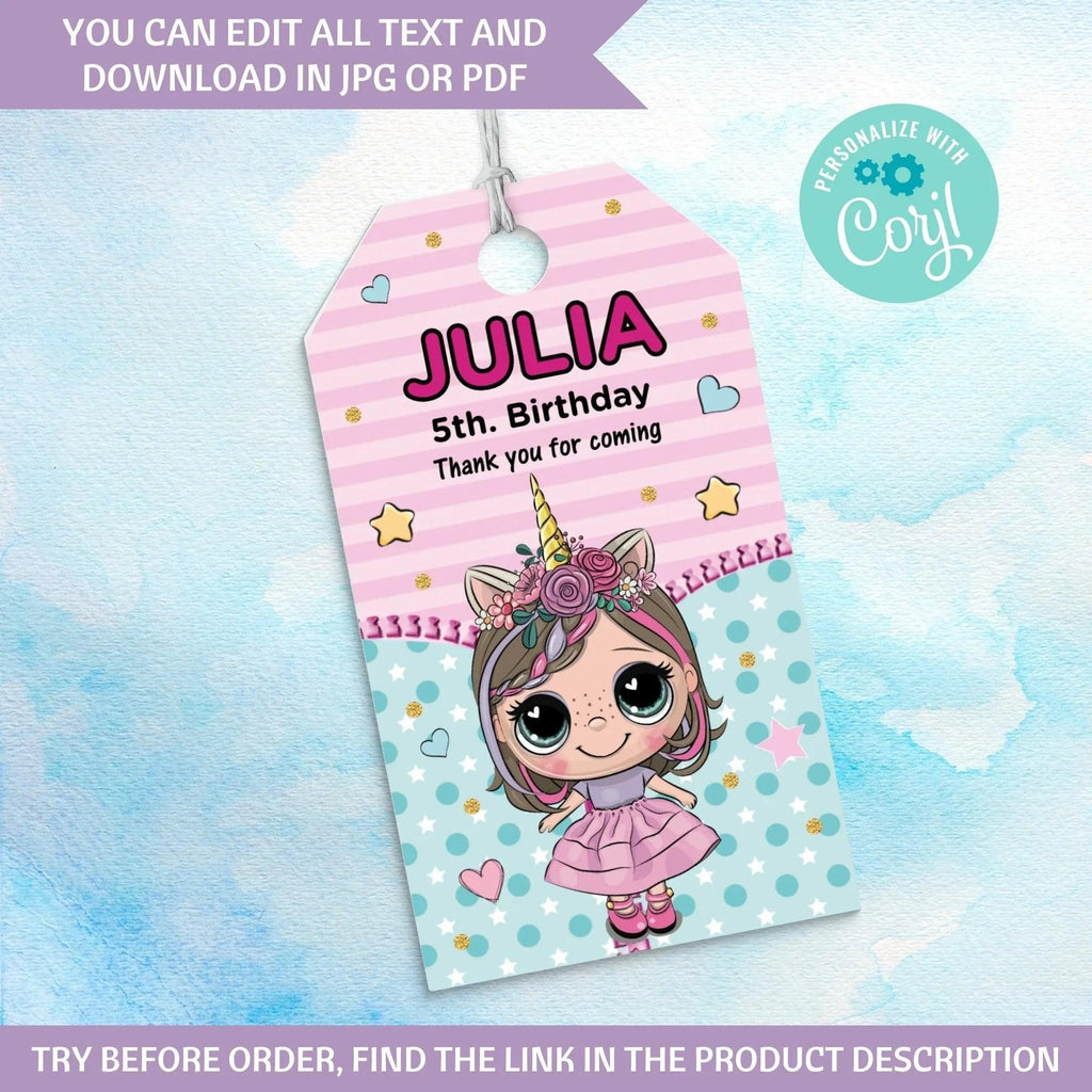 Doll Birthday Party Bundle Pack Sticker, Editable Sticker, Doll Birthday Tag, Doll party favor label, Instant Download, Doll topper - Lovely Printable Party