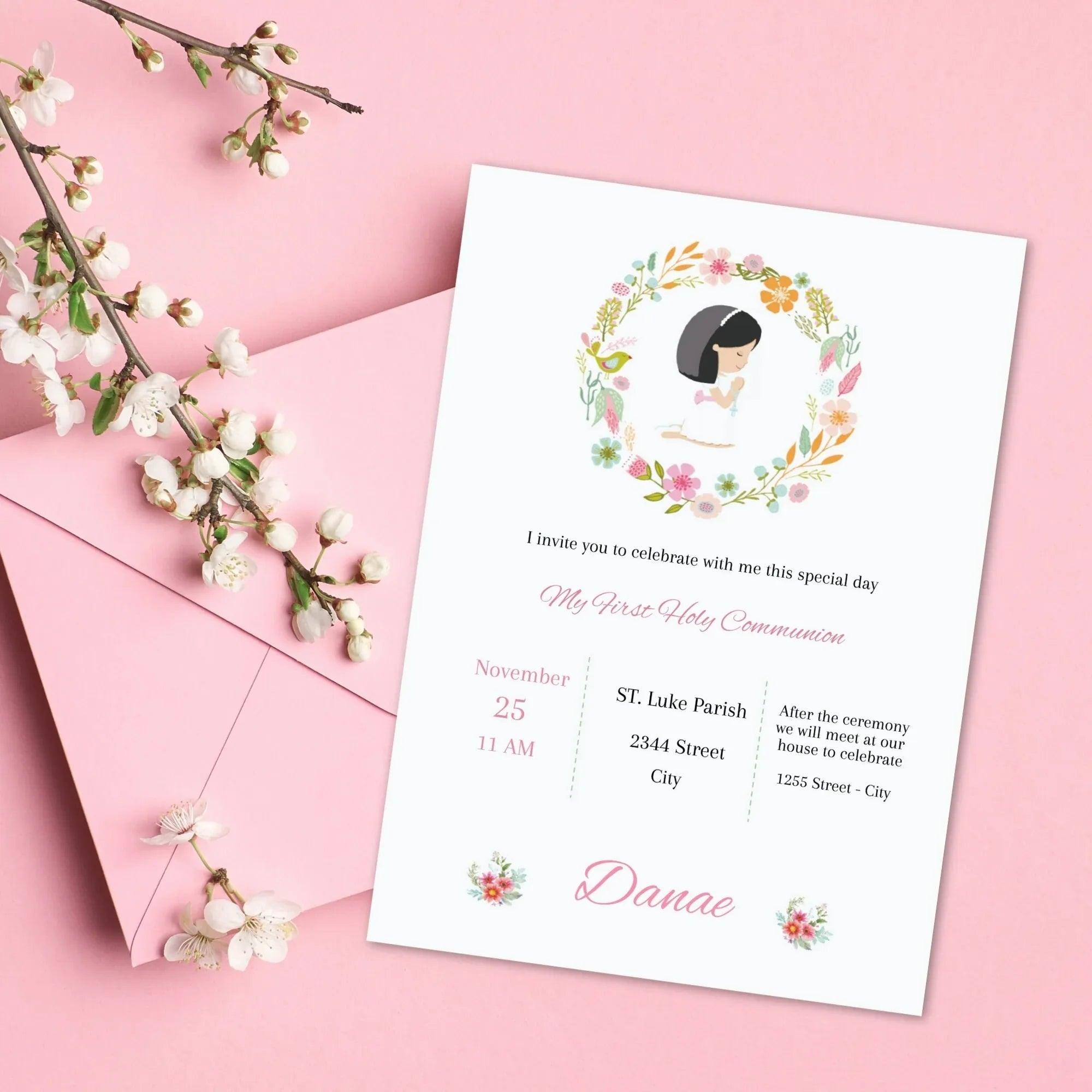 First Holy Communion Invitation Template, Communion Invite, Editable First Communion Invitation, Girl Communion Invite - Lovely Printable Party