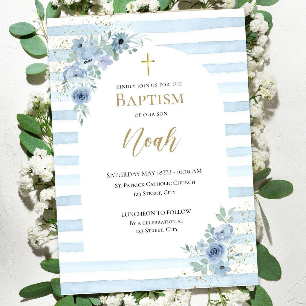 Editable Boy Baptism Invitation – Blue Floral Corjl Template – Printable Christening Invite Digital Download - Lovely Printable Party