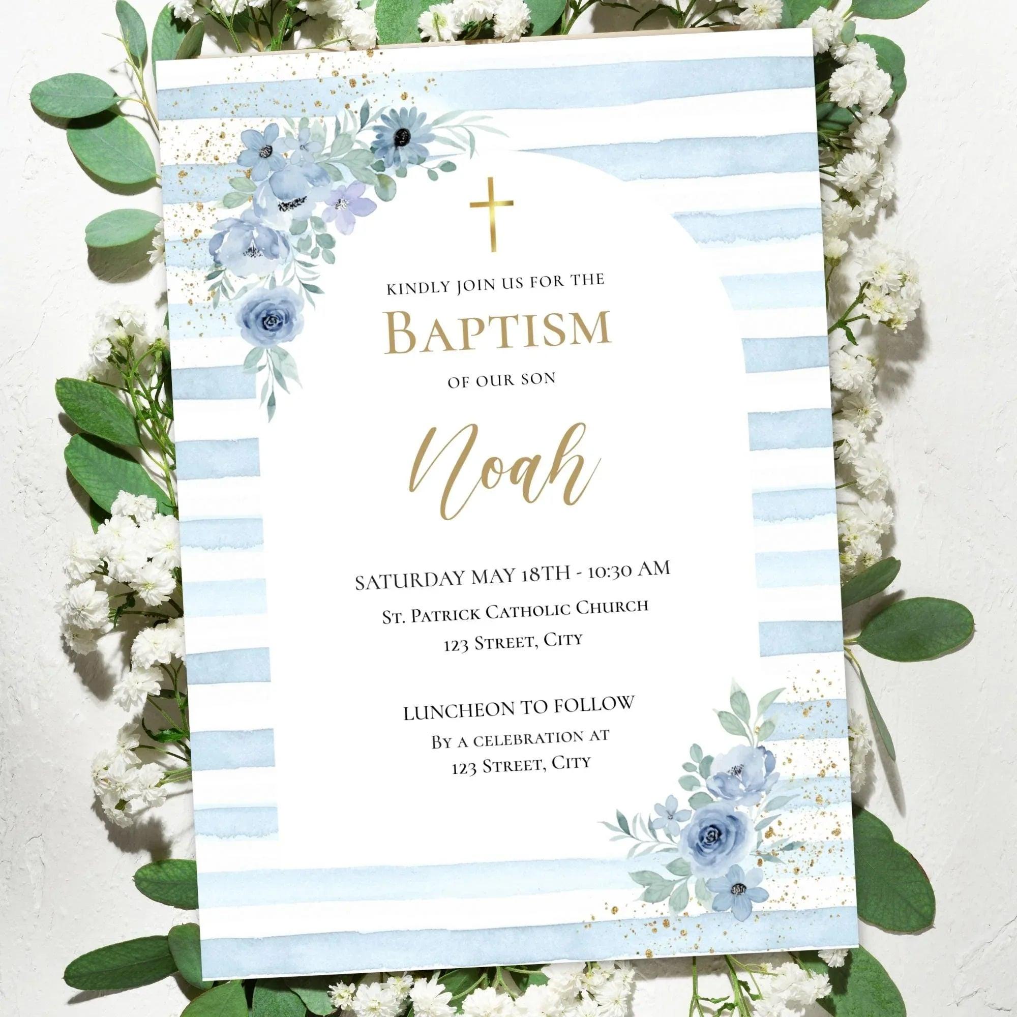 Editable Boy Baptism Invitation – Blue Floral Corjl Template – Printable Christening Invite Digital Download - Lovely Printable Party