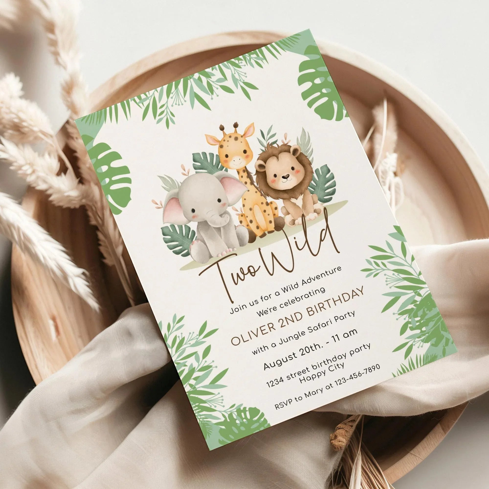 Two wild Birthday Invitation Bundle Editable | Safari Jungle Party Set Corjl | Welcome Sign + Favor Tag + Phone Invite | Digital Printable - Lovely Party