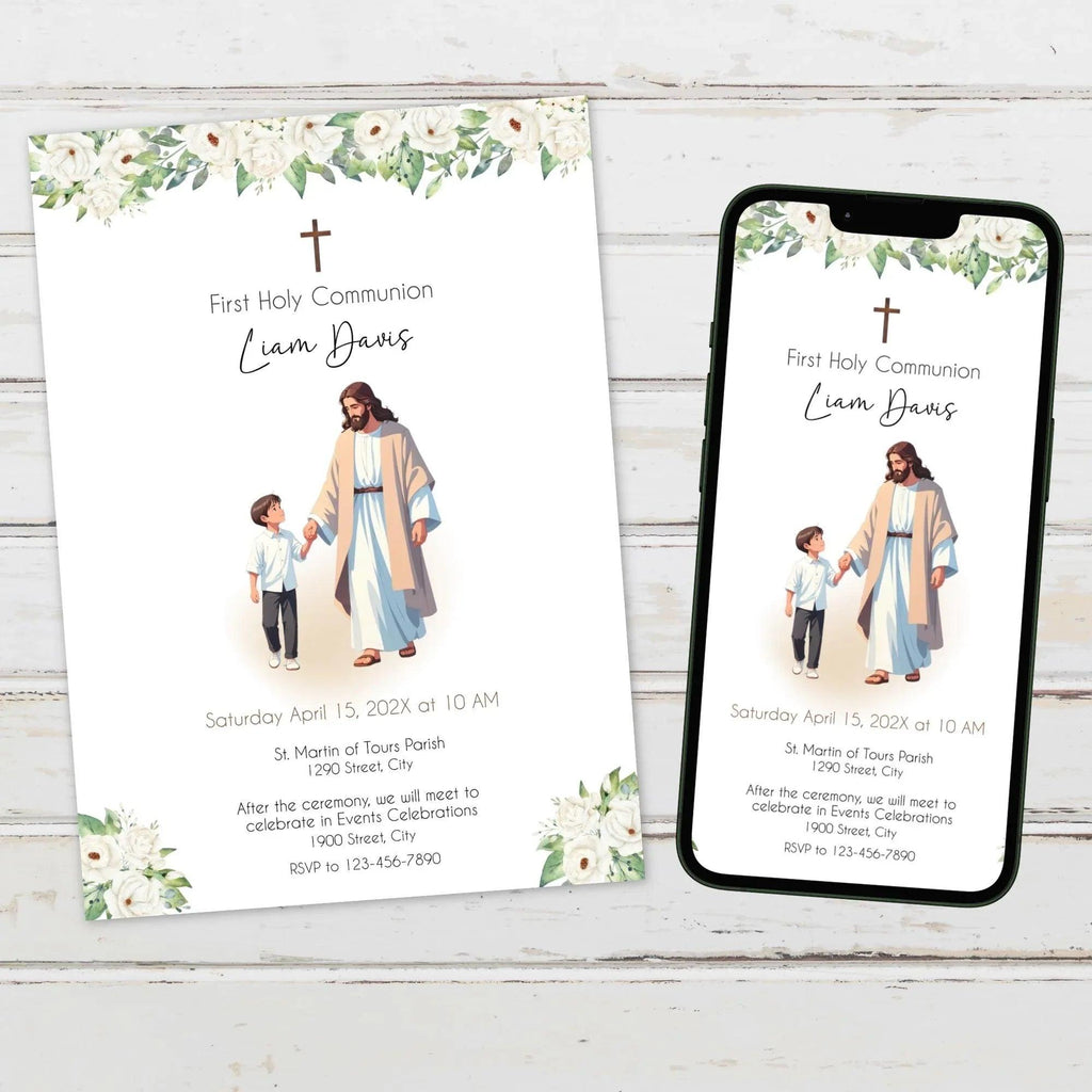 First Holy Communion, Invitation Template, Jesus and boy Communion Invite, Editable First Communion Invitation Boy, Instant Download - Lovely Printable Party