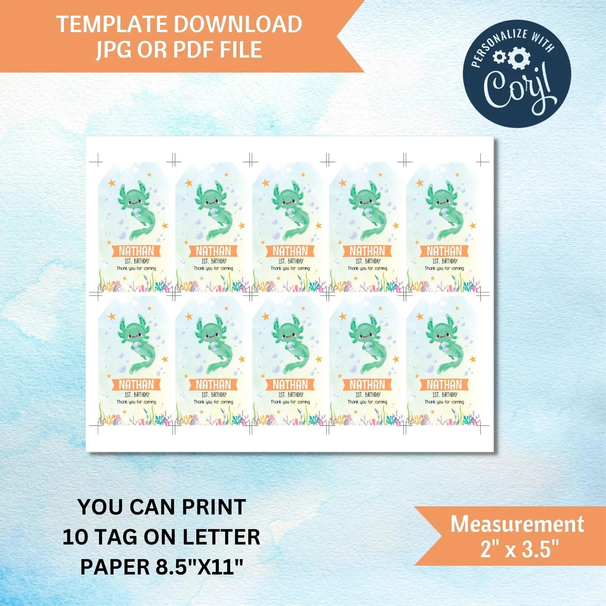 Axolotl Birthday Favor Tags | Editable Digital | Corjl Template Instant Download - Lovely Printable Party