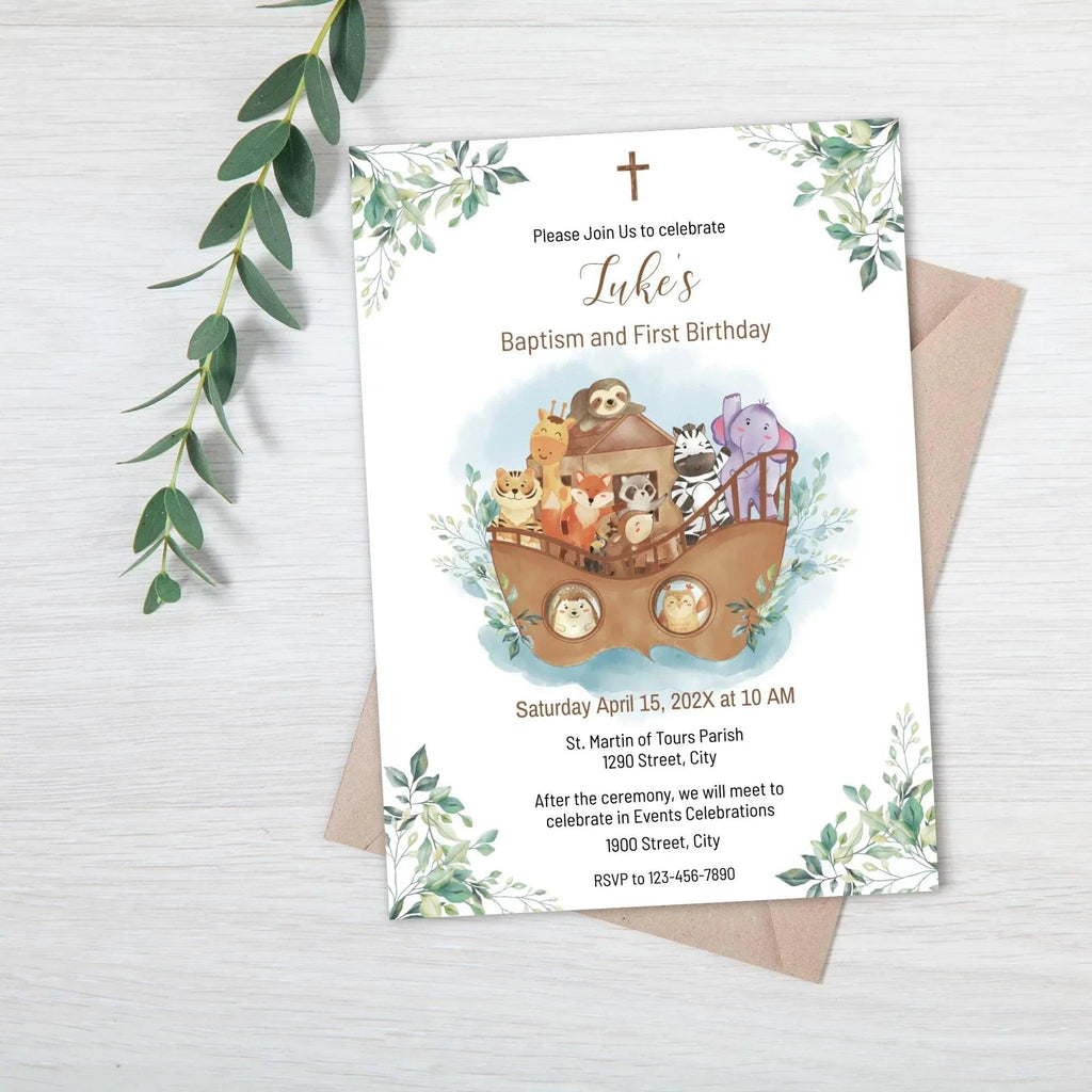 Noah's Ark Baptism & 1st Birthday Invitation Template – Editable Corjl Digital Download - Lovely Printable Party