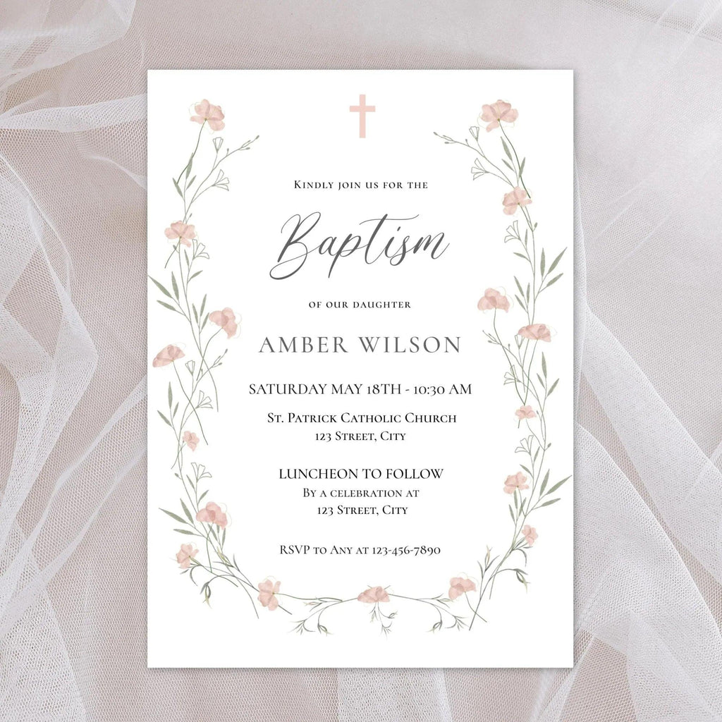 Baptism Invitation Girl Editable – Pink Floral Corjl Template – Wildflowers Christening Invite – Printable Digital File - Lovely Printable Party