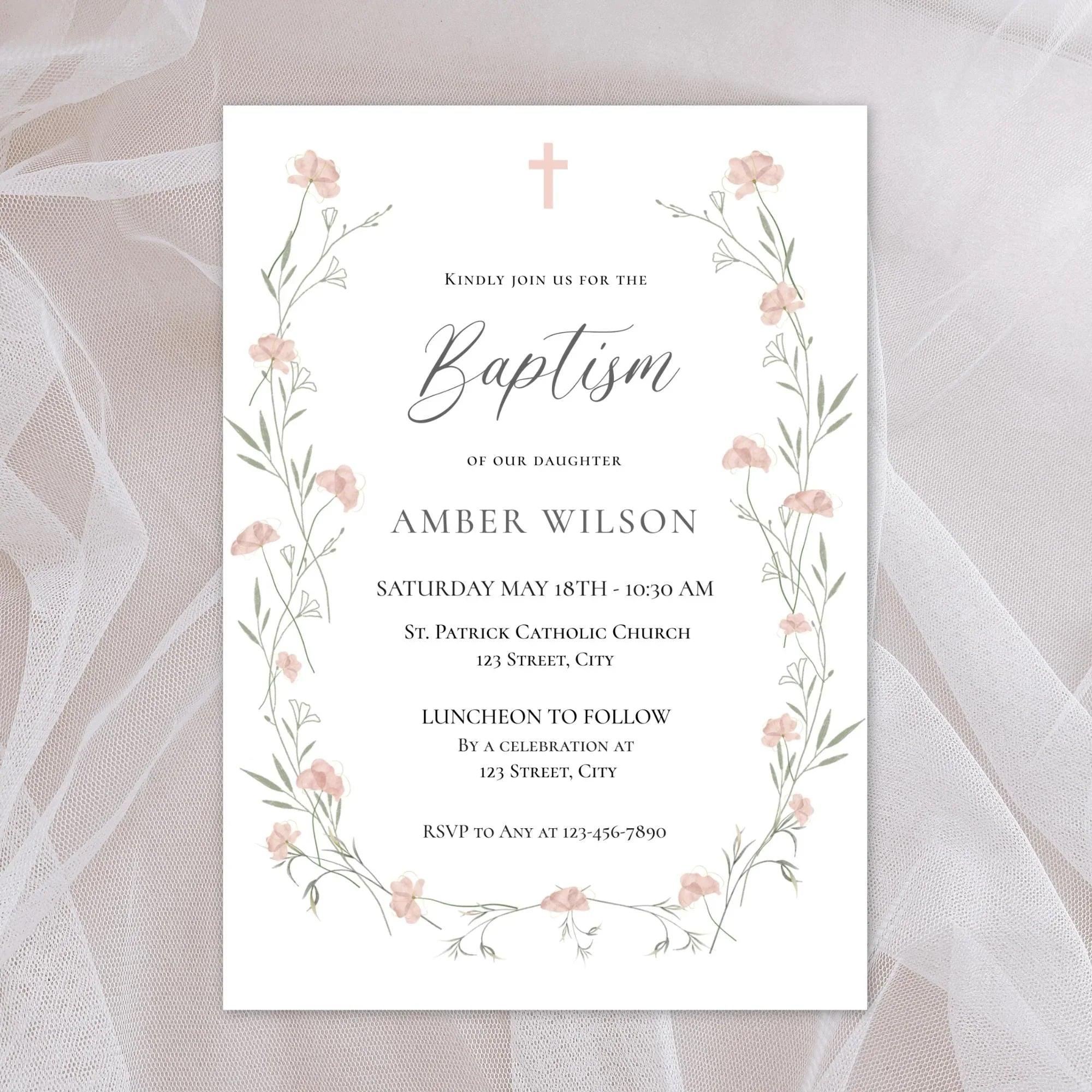 Baptism Invitation Girl Editable – Pink Floral Corjl Template – Wildflowers Christening Invite – Printable Digital File - Lovely Printable Party