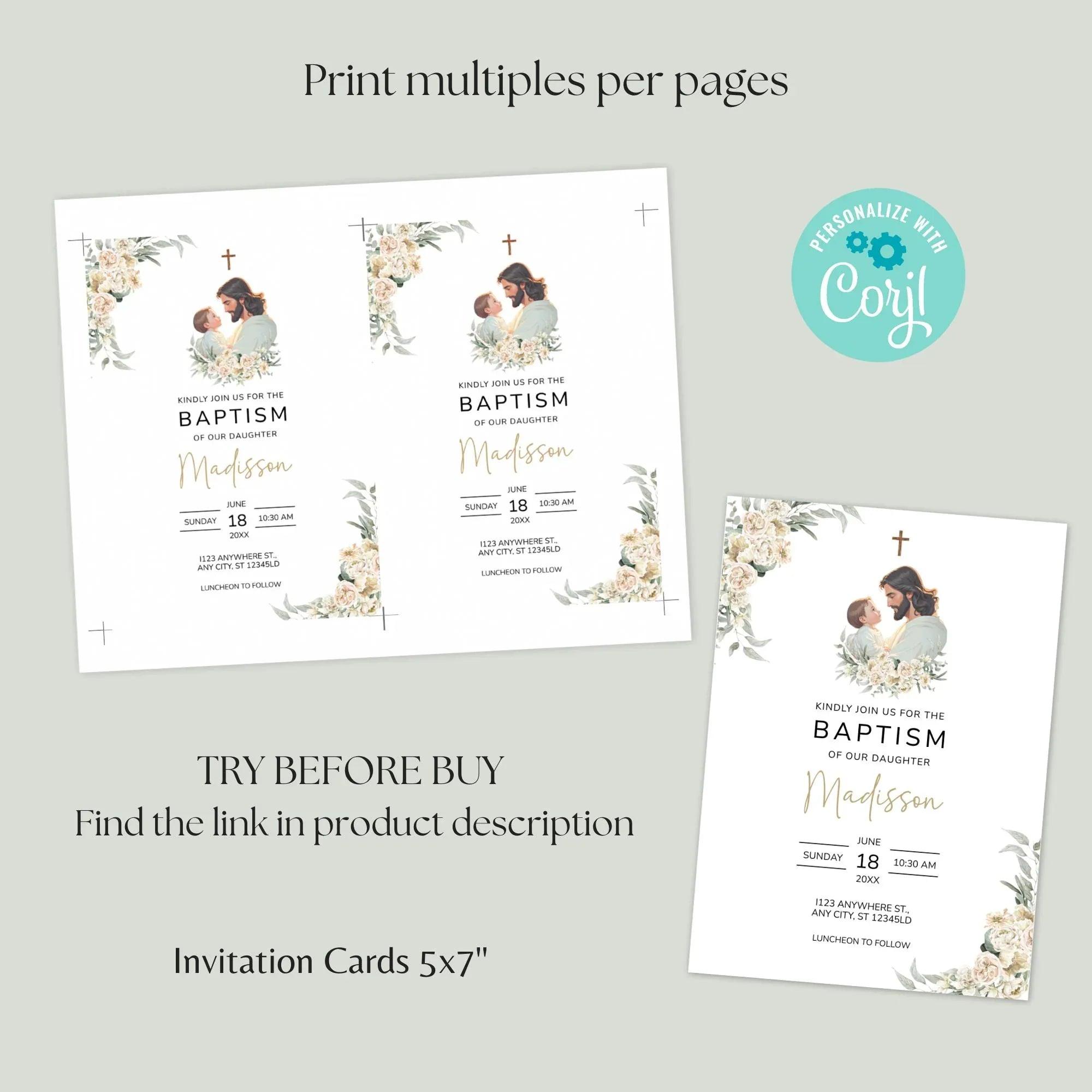 Catholic Baptism Invitation Girl, Editable christening Invitation Template, Jesus & Baby digital invite, Printable floral Invitation - Lovely Printable Party