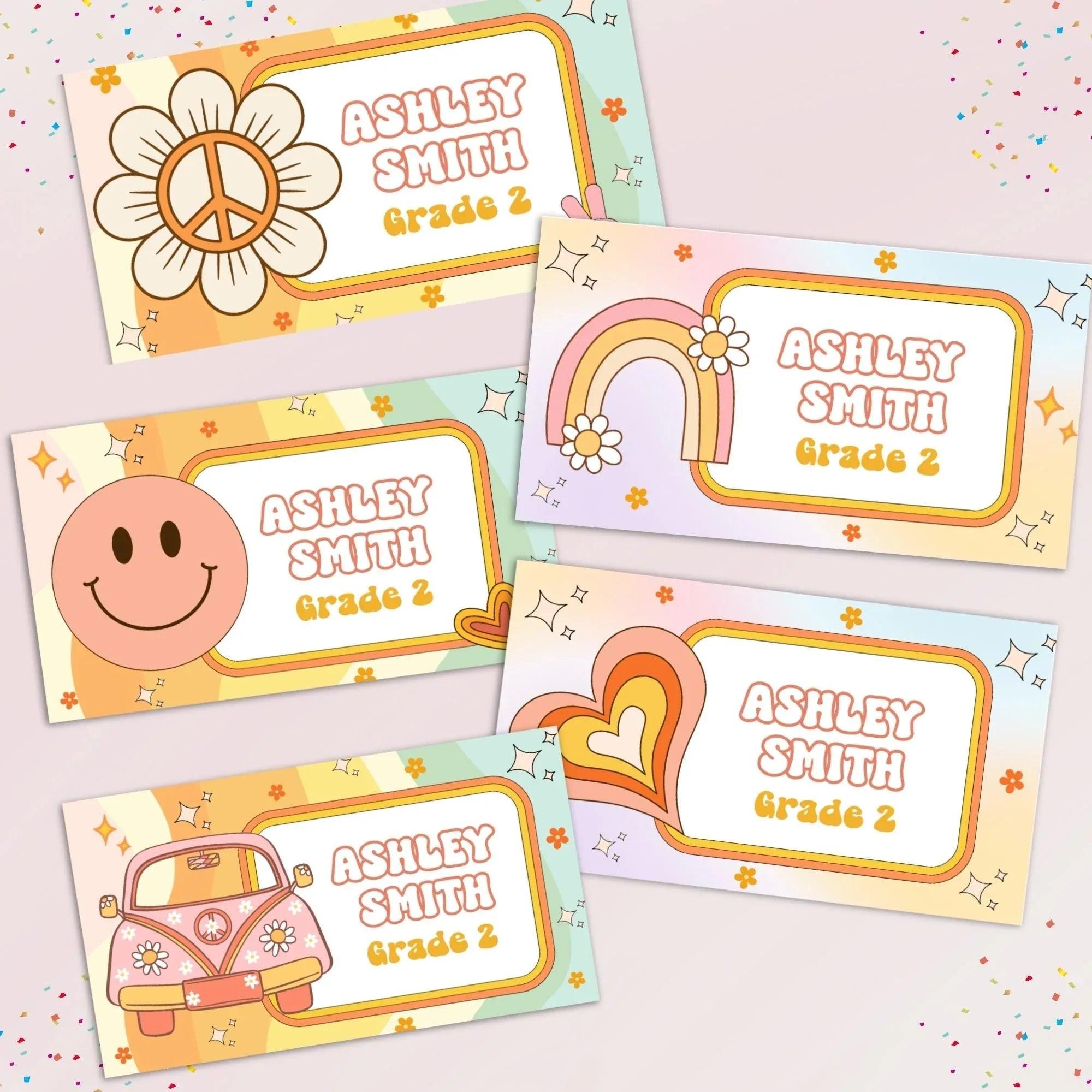 Retro Groovy School labels, Classroom Printables, Name labels for kids, Classroom Labels, School supply labels, Editable Labels - Lovely Printable Party