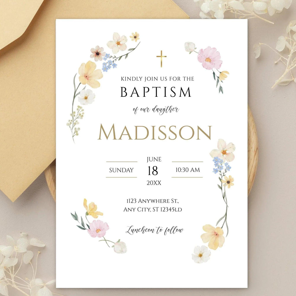 Wildflower Baptism Invitation Template – Digital Download for Baby Girl Christening – Editable Floral Printable with Gold Accents - Lovely Printable Party