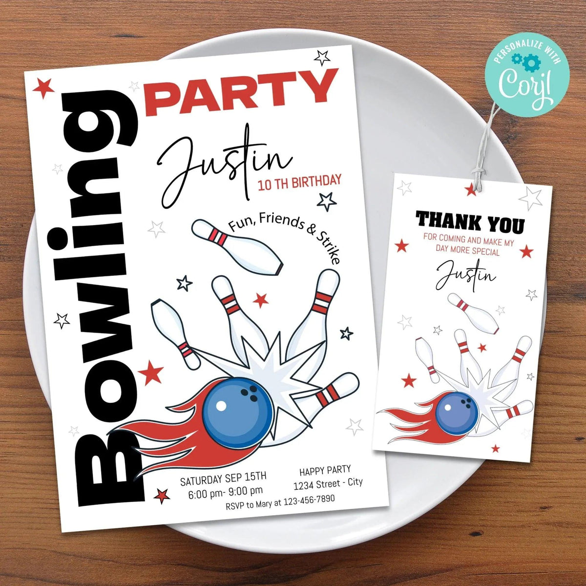 Editable Bowling Birthday Invitation and tag Minimalist - Bowling Birthday Invitation - Bowling Party tag - Customizable template - Lovely Printable Party
